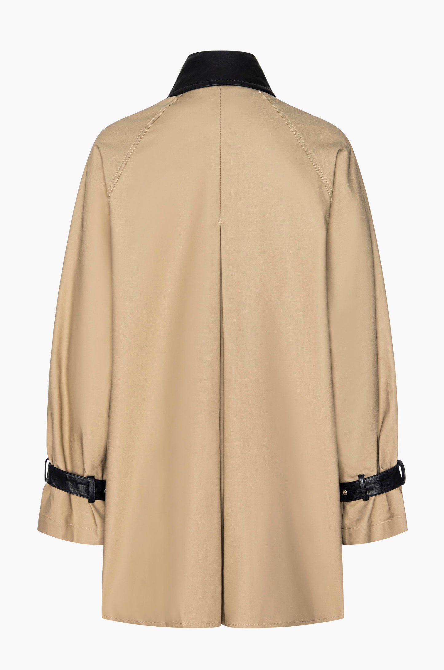 Beige mini trench coat with black leather collar and belted cuff accents on a white background
