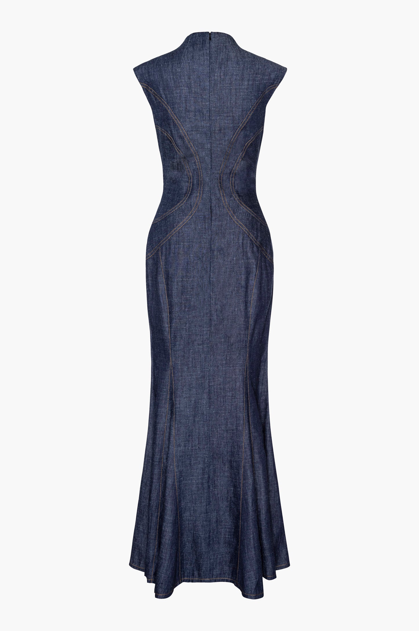 Indigo denim dress with a flared skirt on a white background