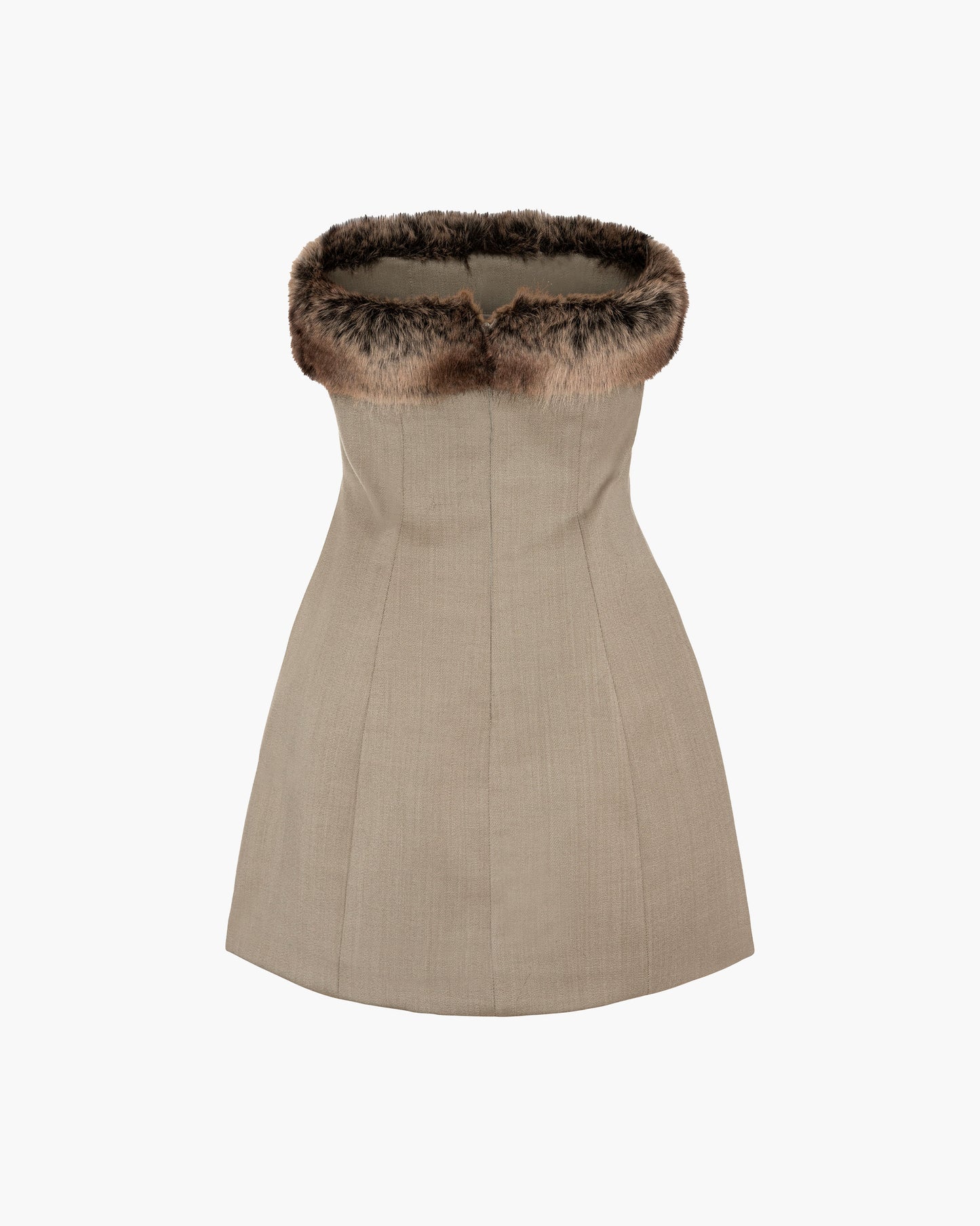 Beige strapless dress with fur trim on a white background
