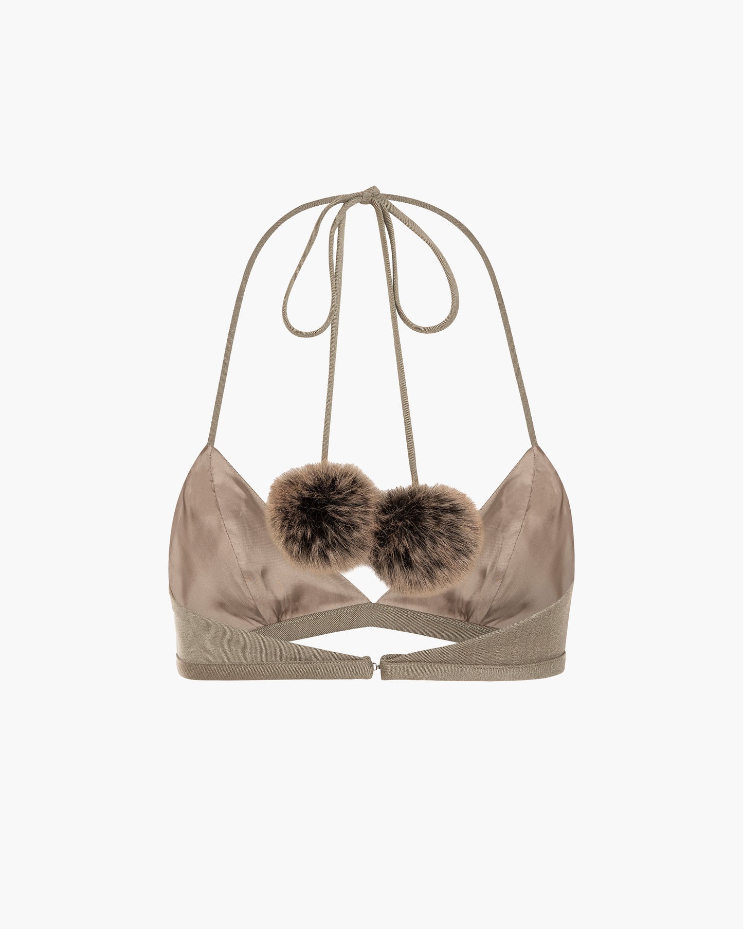 Beige bikini top with fur pom-poms on a white background
