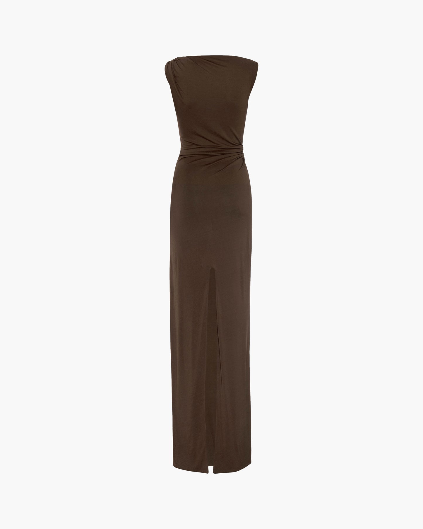 Back of a sleeveless dark brown maxi dress with a gathered waist and a back slit, shown against a plain white background.