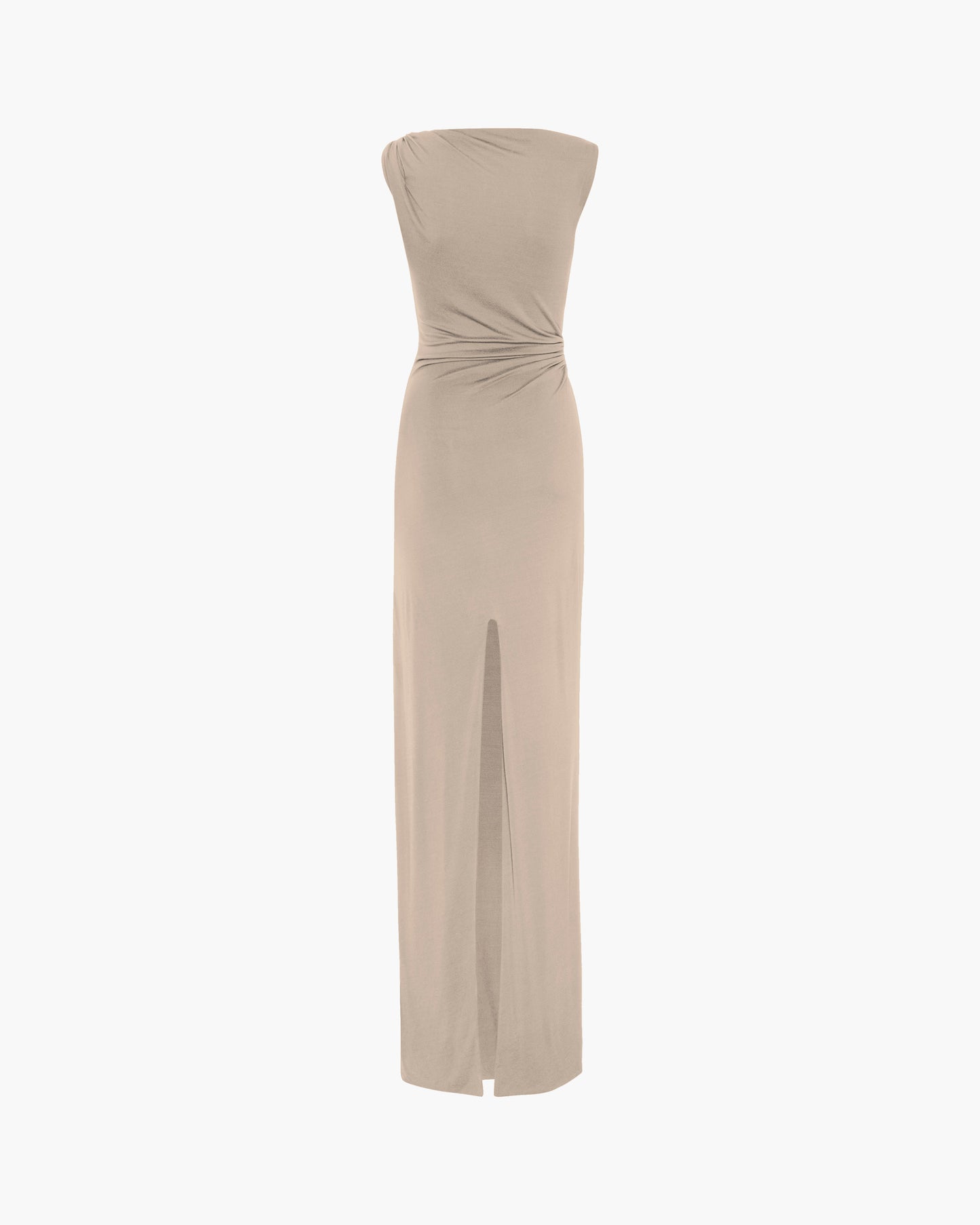 Back of a sleeveless beige maxi dress with a gathered, twisted detail at the waist and a back slit, shown against a plain light gray background.