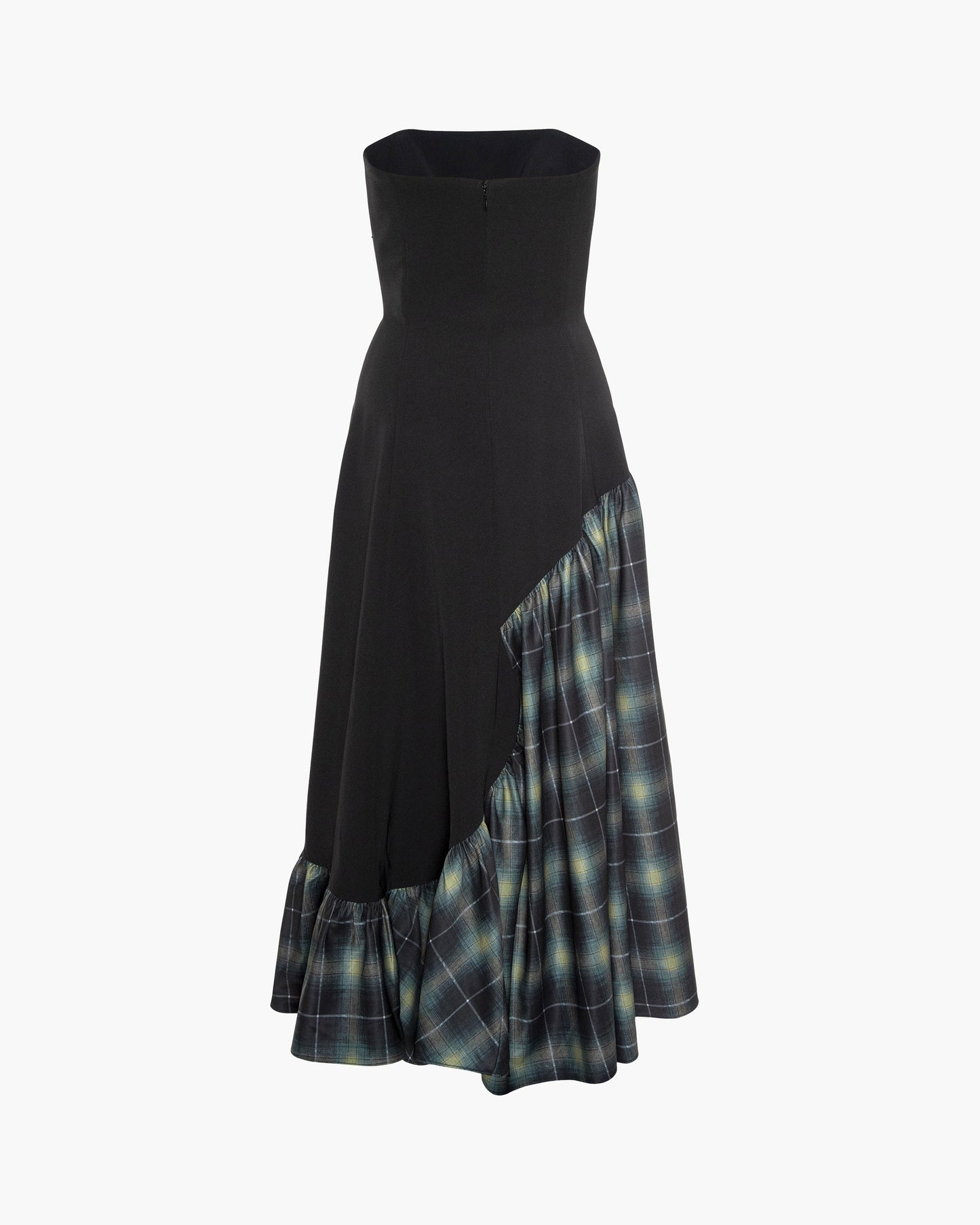 Black dress with plaid patterned hem on a white background