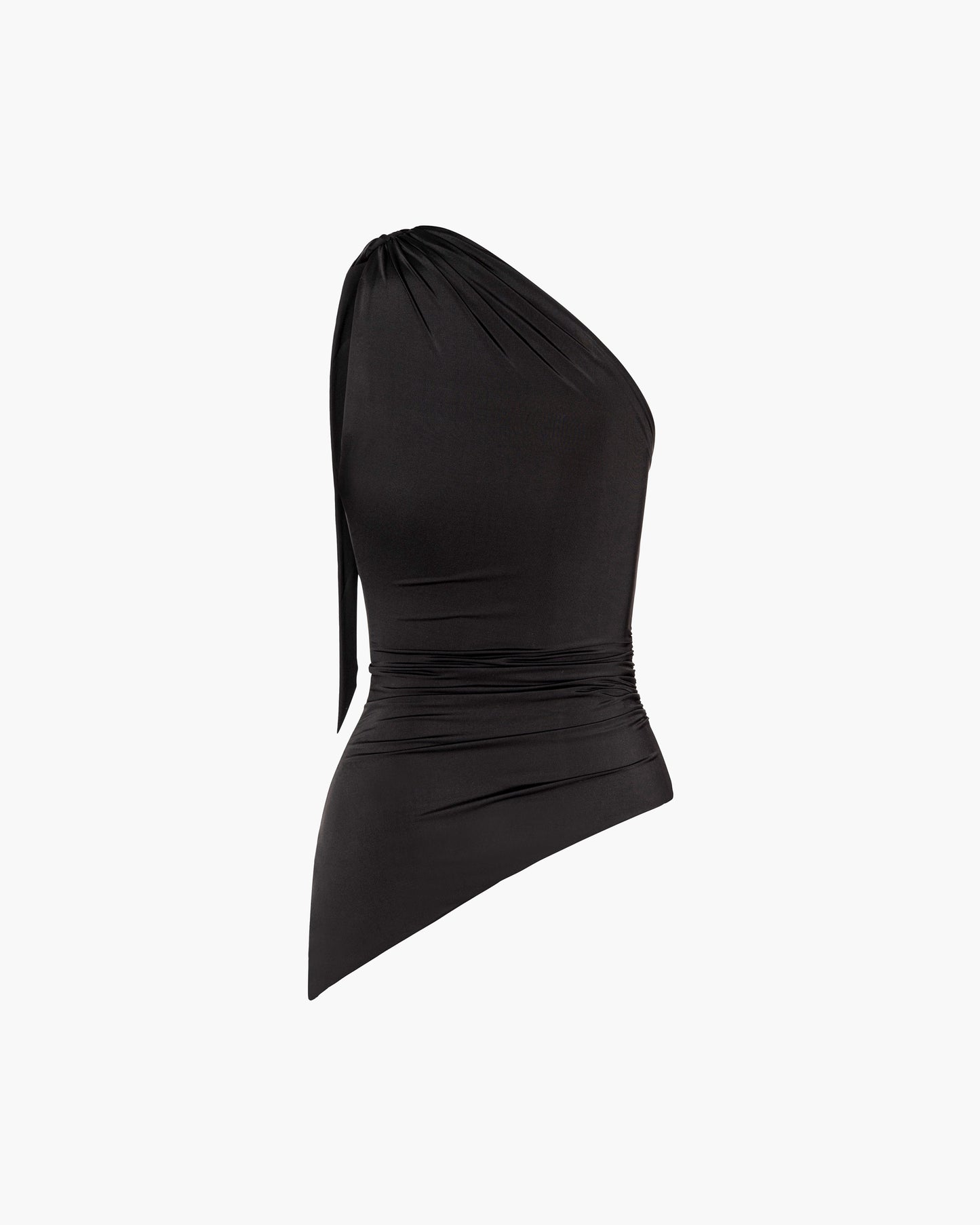 Black one-shoulder top on a white background