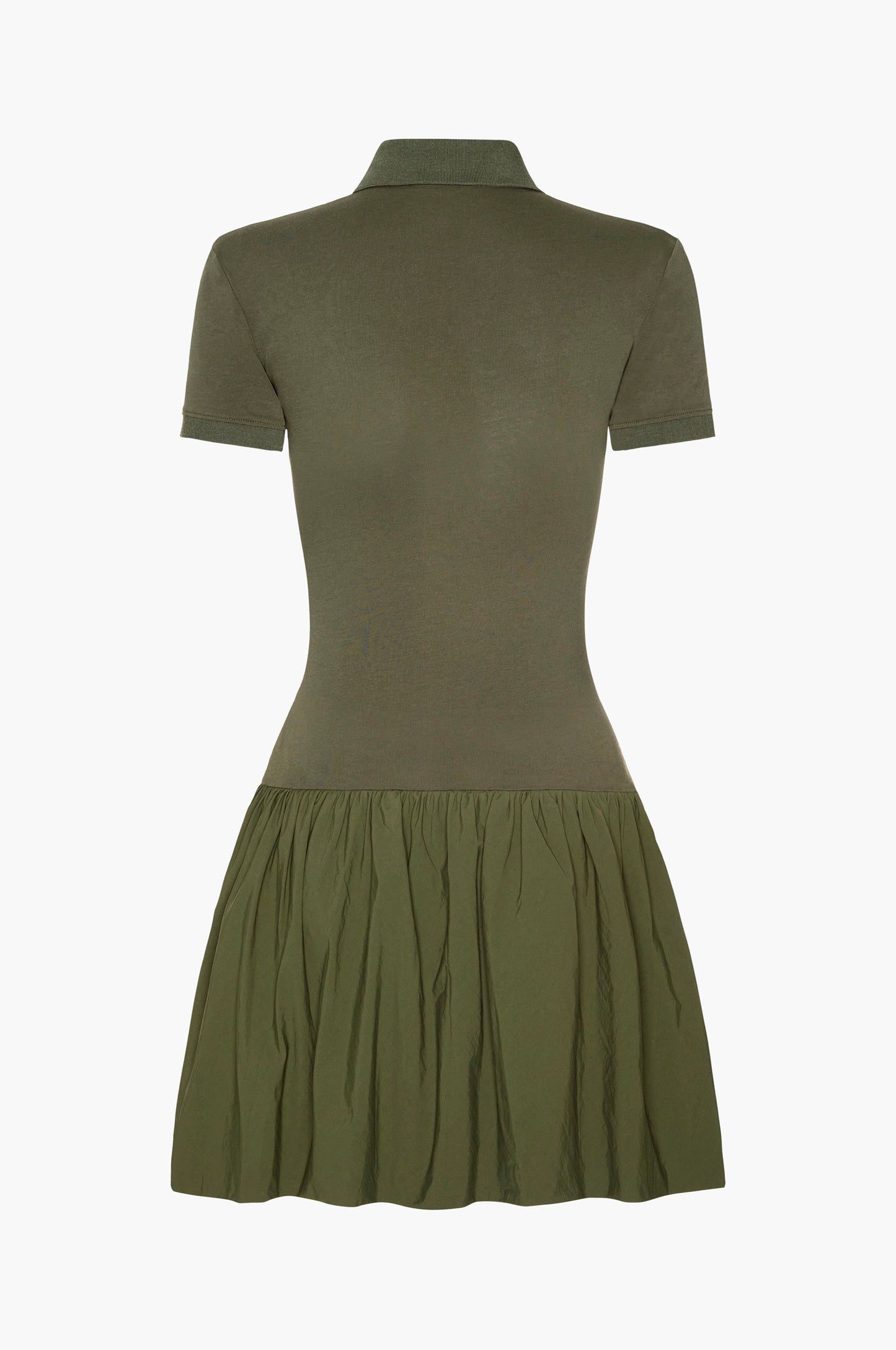 Short sleeve green mini dress with a polo collar and bubble hem on a white background