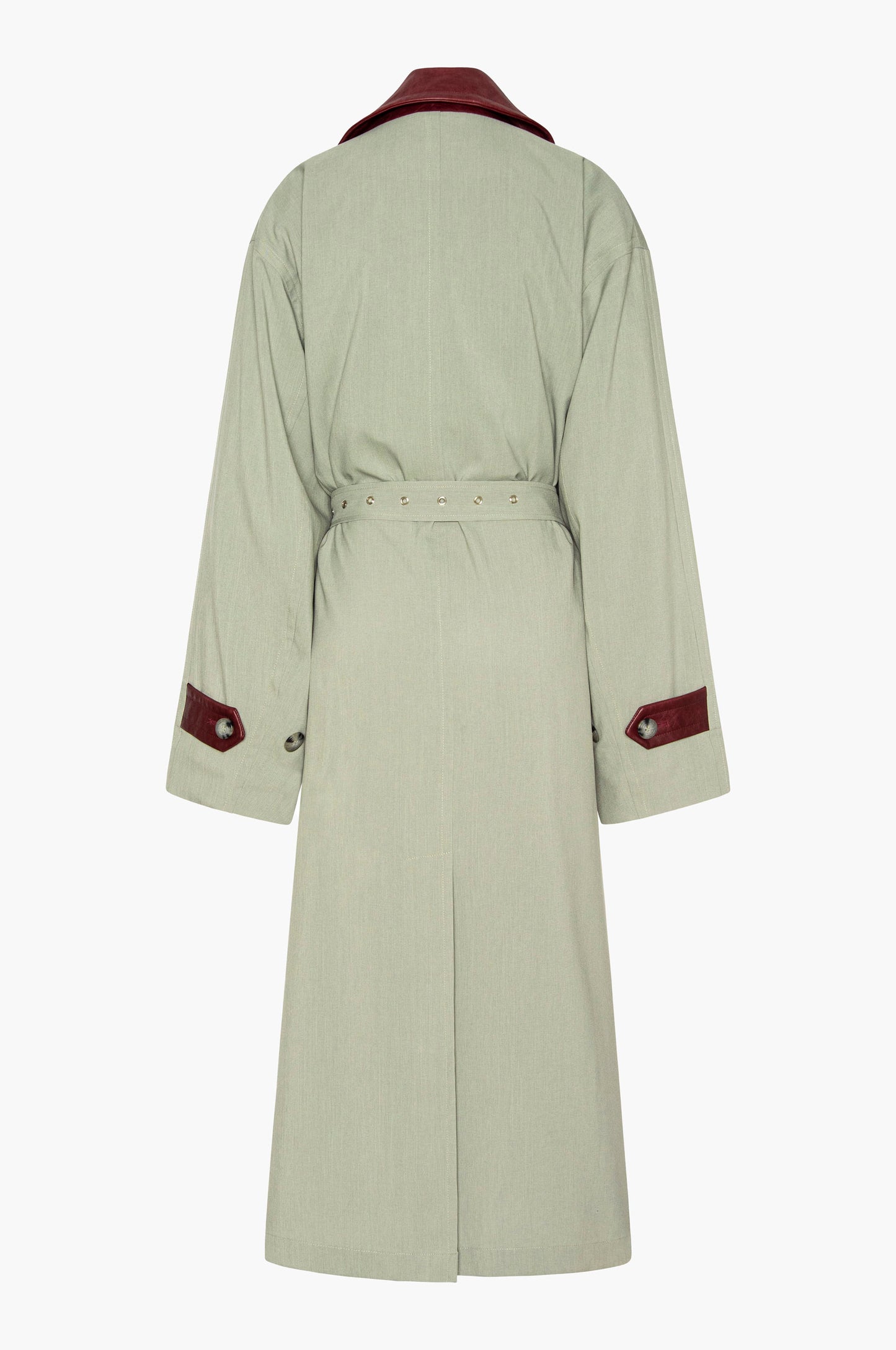 Seafoam green trench coat with a burgundy leather collar and cuffs on a white background