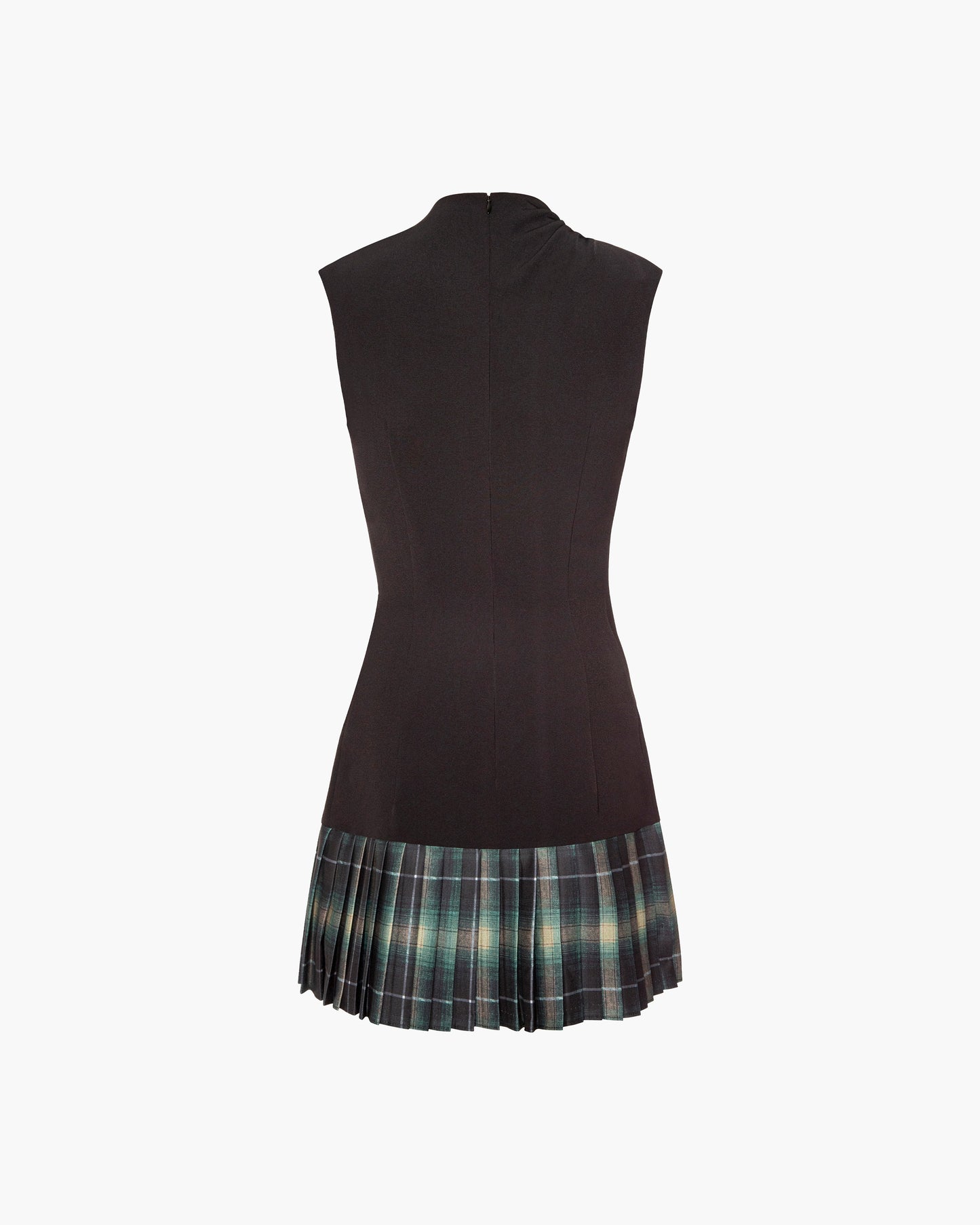 Black sleeveless dress with plaid skirt on a white background