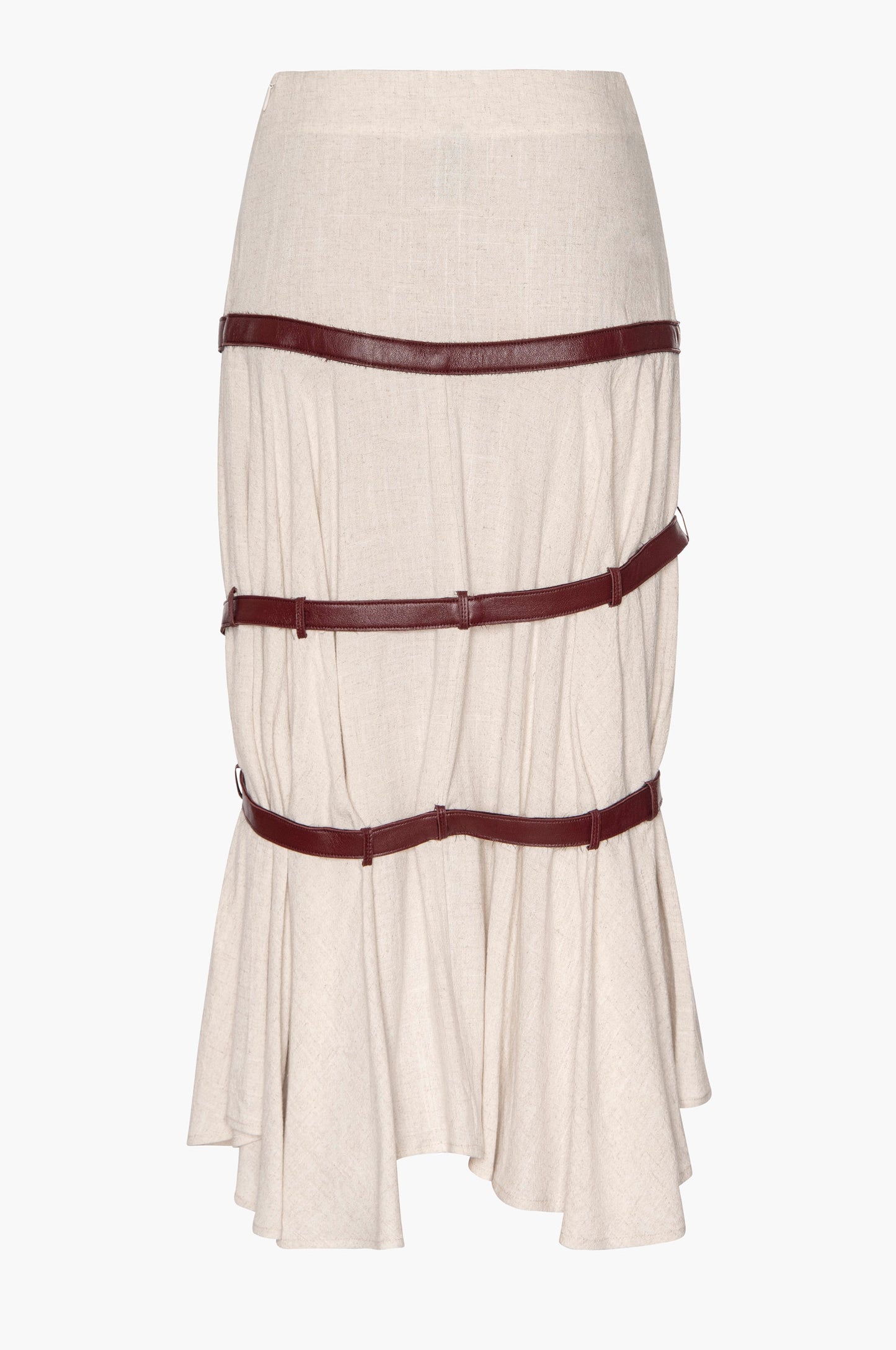 Beige linen skirt with three brown leather belt straps on a white background