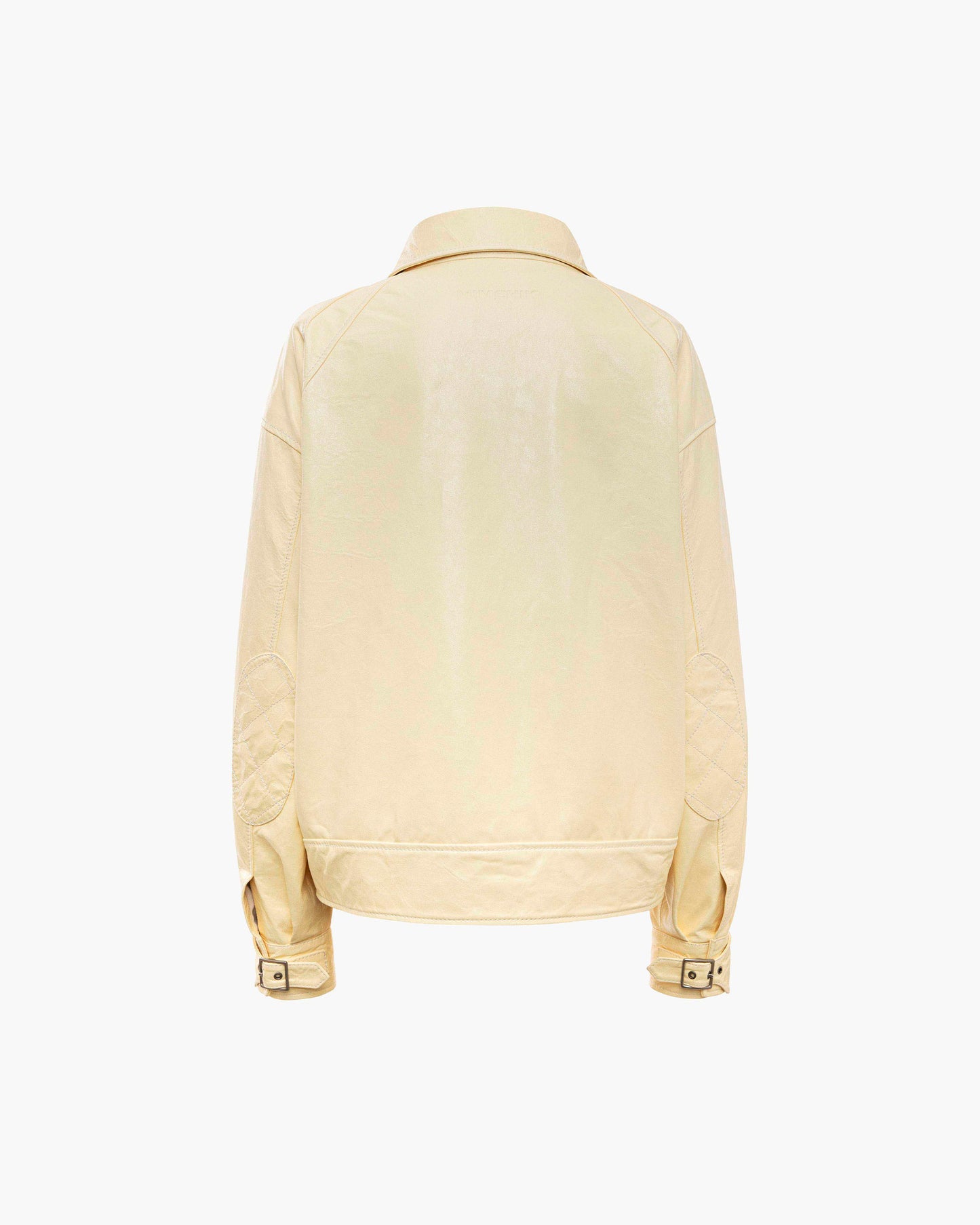 Cream lambskin leather jacket on a white background
