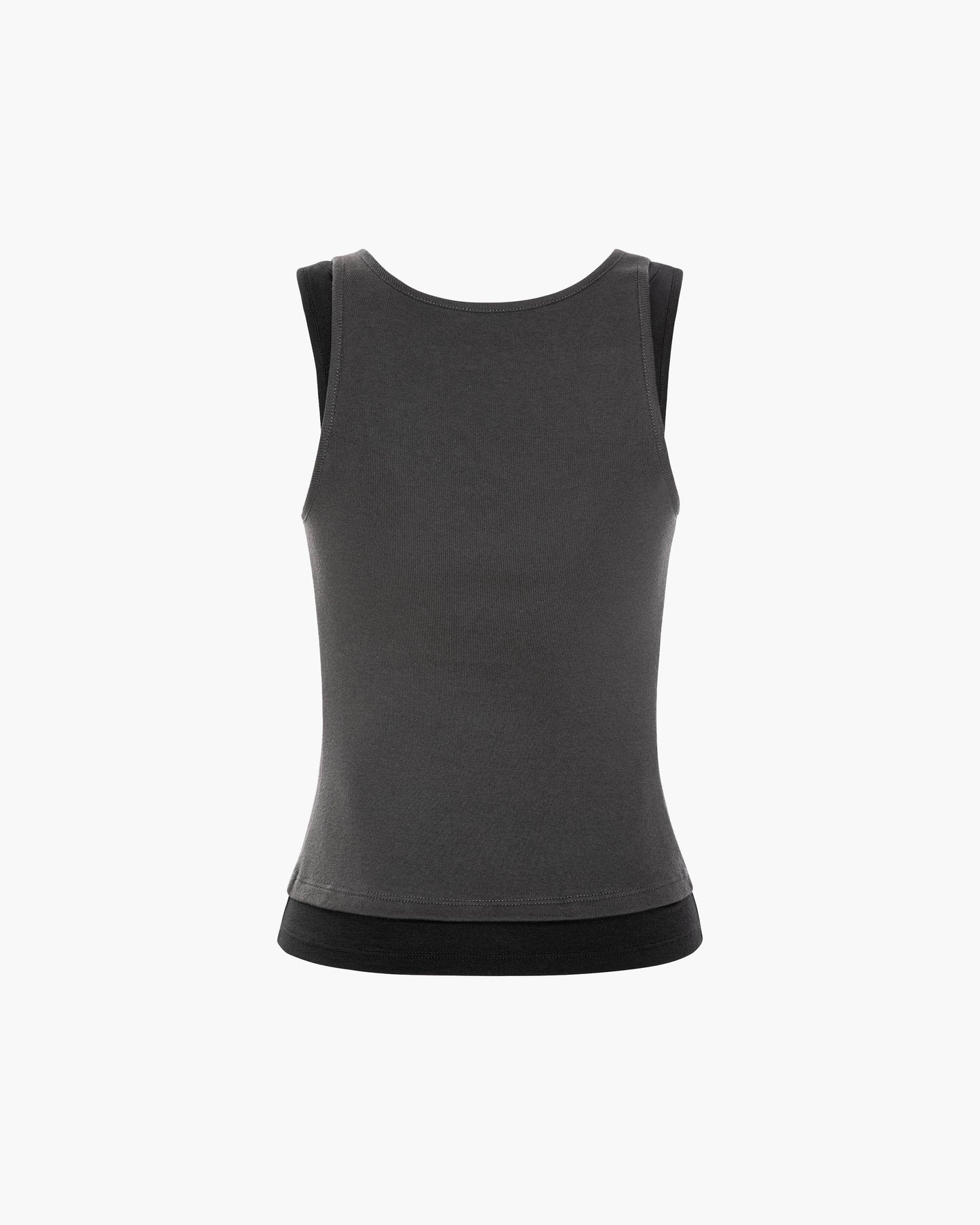 Back view of a black ribbed knit tank top with a scoop back, contrasting layered hem and a fitted silhouette, shown as a flat product shot