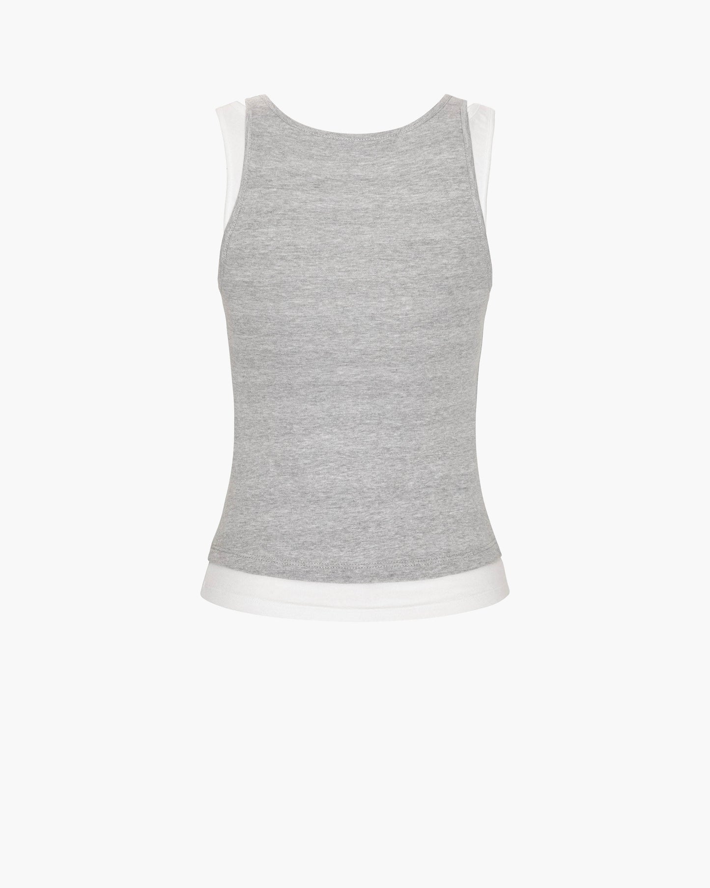 Back view of a heather gray ribbed knit tank top with a scoop back and contrasting cream layered trim, shown as a flat product shot