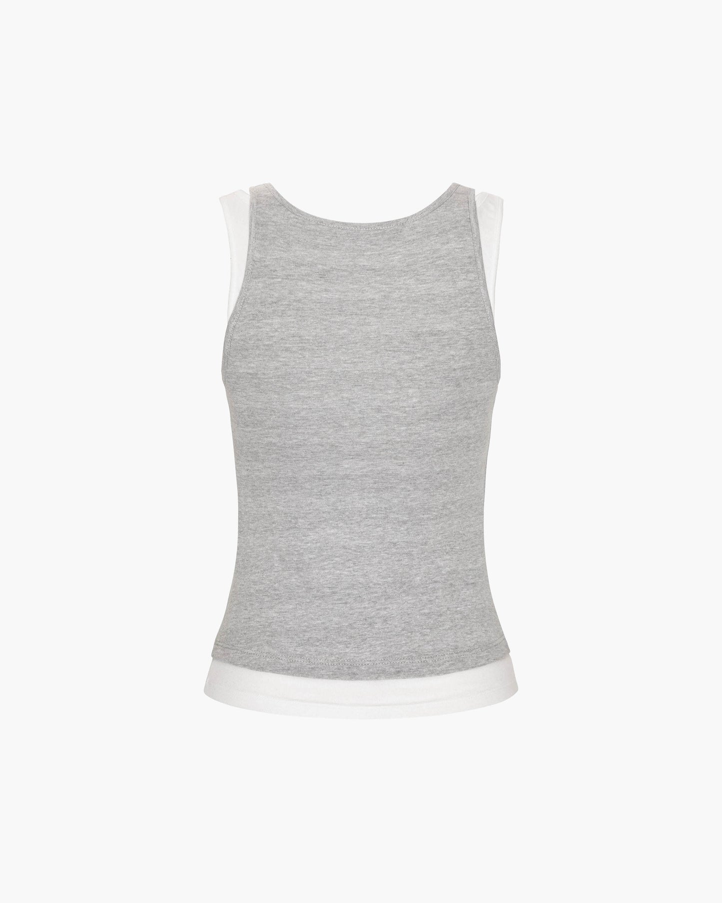 Back view of a heather gray ribbed knit tank top with a scoop back and contrasting cream layered trim, shown as a flat product shot