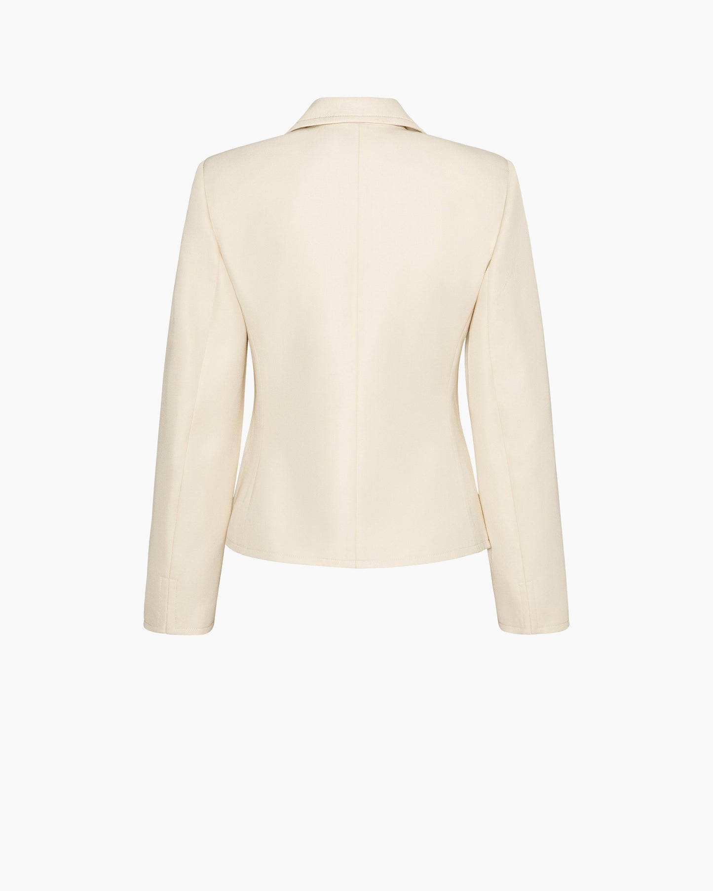 Back view of a cream cropped single-button wool blazer with a clean tailored back and fitted silhouette, shown as a flat product shot