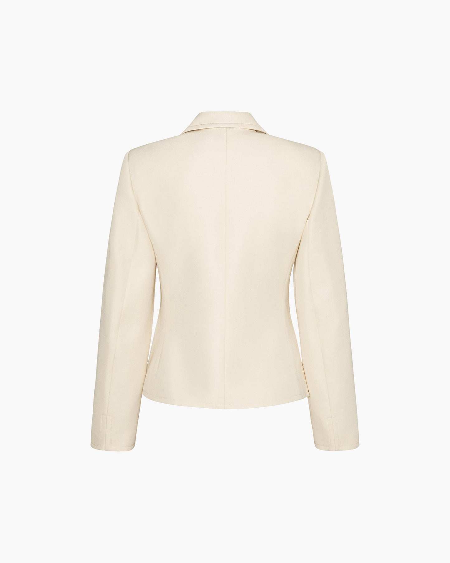 Back view of a cream cropped single-button wool blazer with a clean tailored back and fitted silhouette, shown as a flat product shot