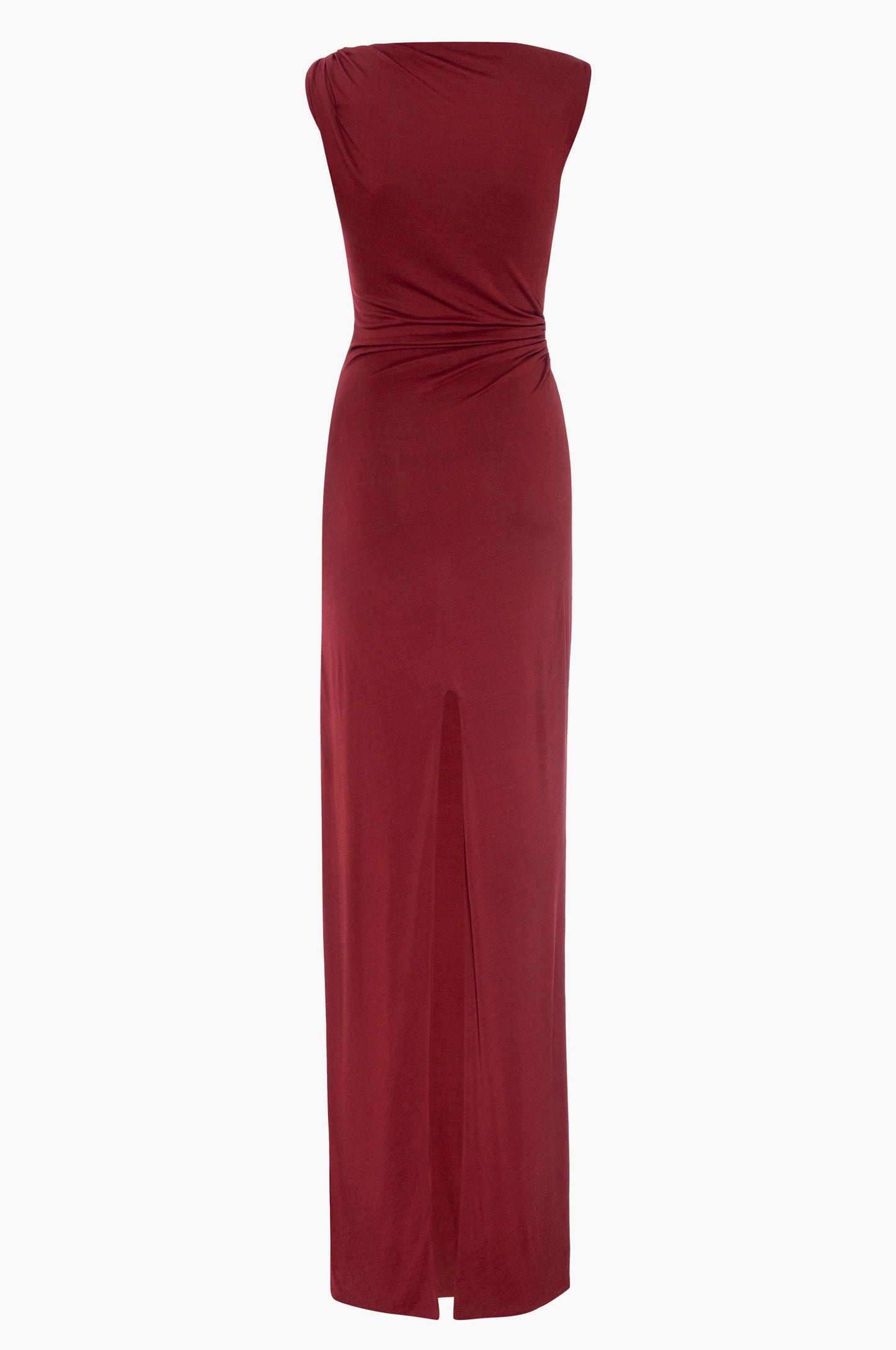 Burgundy sleeveless gown on a white background