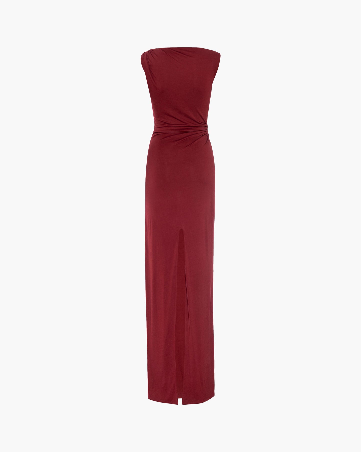 Burgundy sleeveless gown on a white background