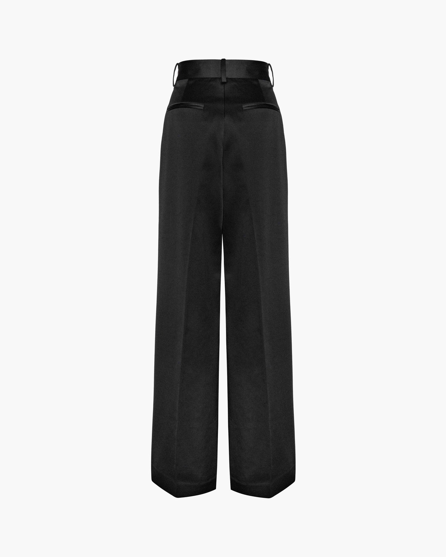 Back of black satin wide-leg pants on a white background
