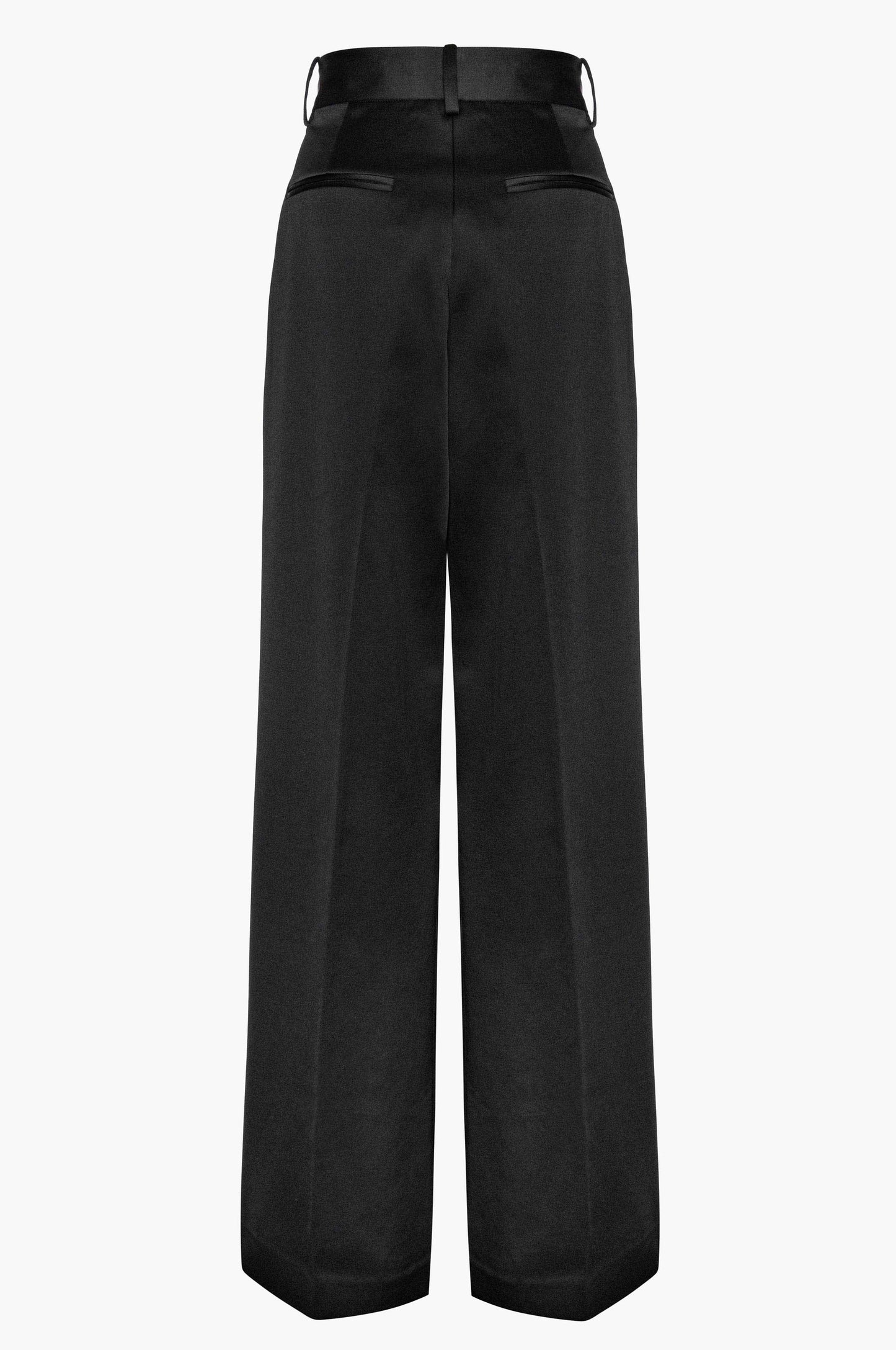Back of black satin wide-leg pants on a white background