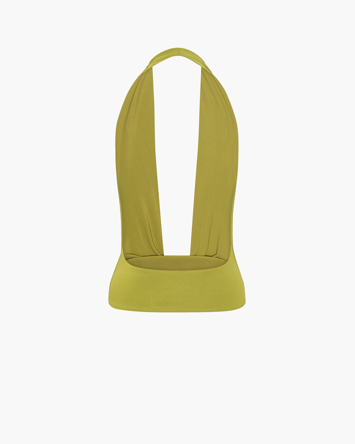 Back view of an olive green jersey halter top with an open back, a halter neck strap and a fitted waistband, shown as a flat product shot