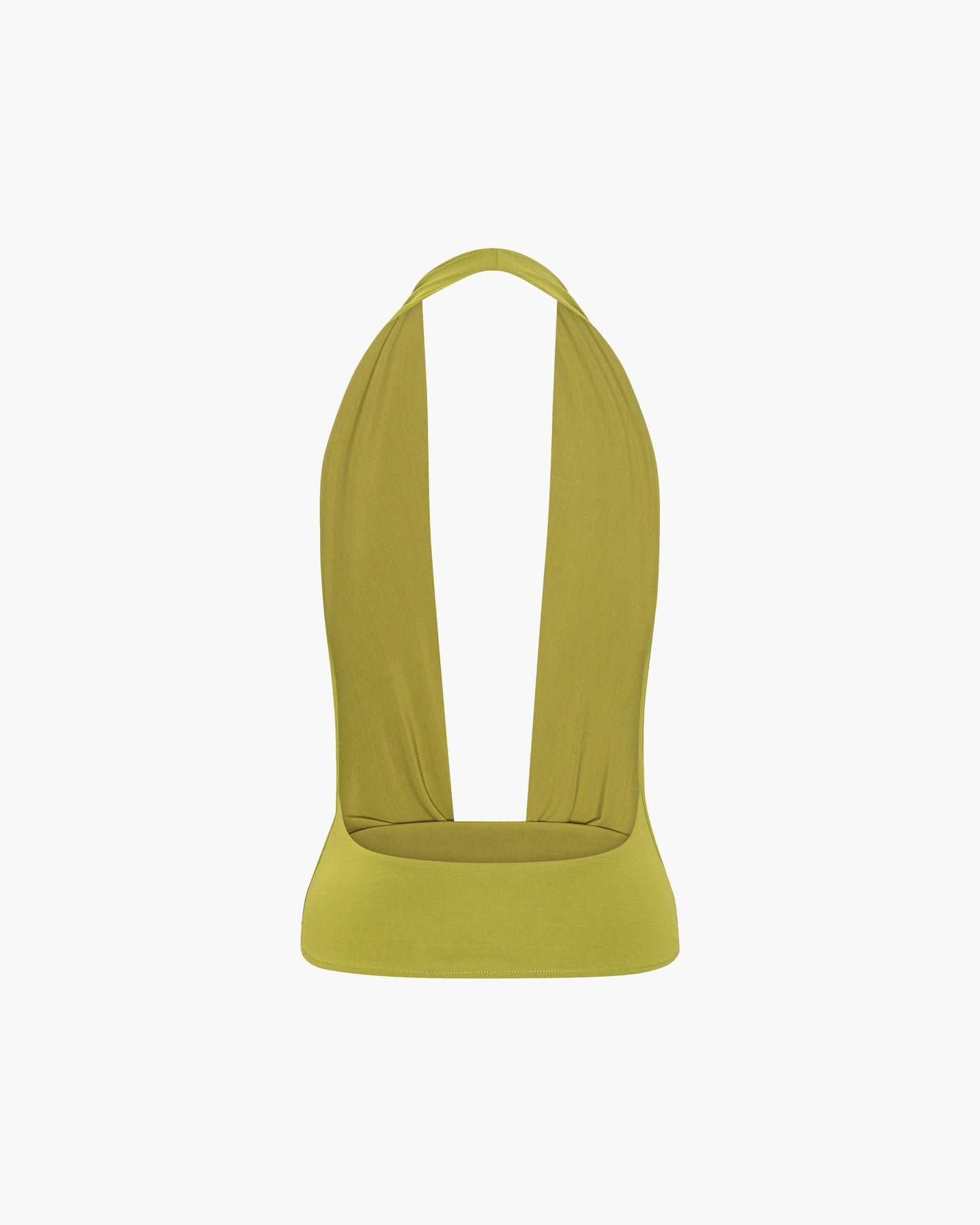 Back view of an olive green jersey halter top with an open back, a halter neck strap and a fitted waistband, shown as a flat product shot