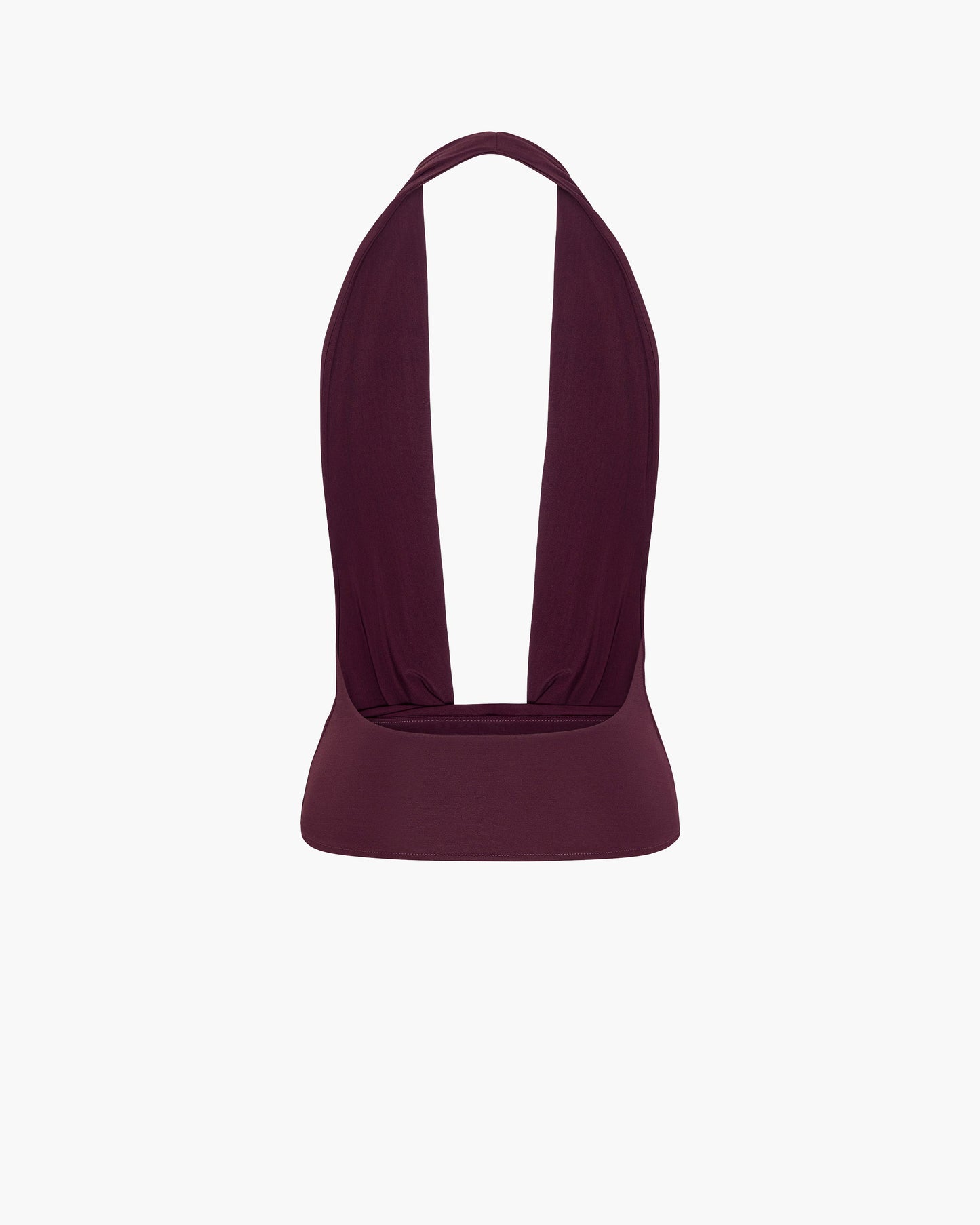 Back view of a burgundy jersey halter top with an open back, a halter neck strap and a fitted waistband, shown as a flat product shot