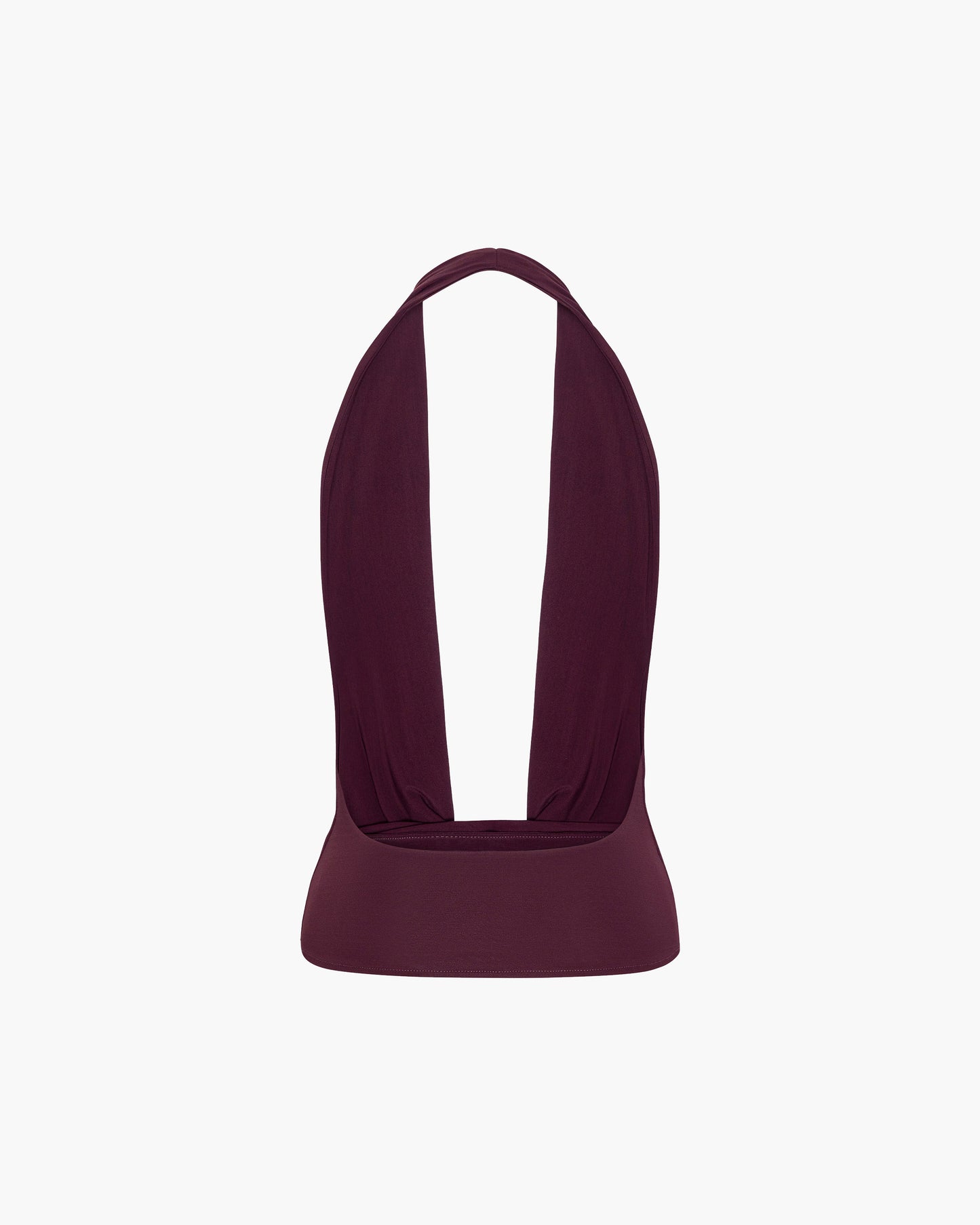 Back view of a burgundy jersey halter top with an open back, a halter neck strap and a fitted waistband, shown as a flat product shot