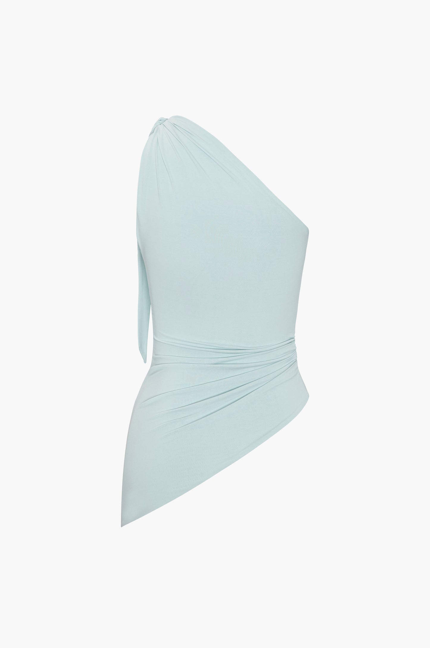 Light blue one-shoulder top on a white background
