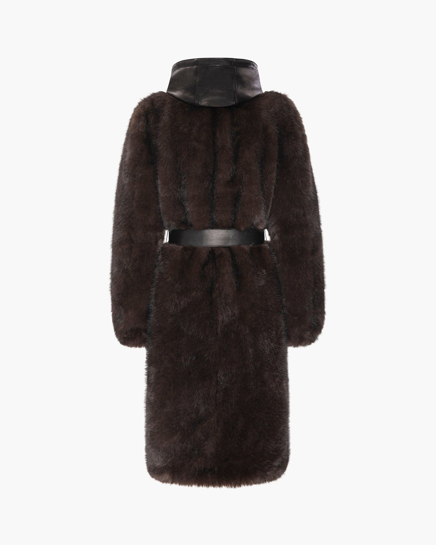 A dark brown fur coat with a black leather hood and a matching black leather belt, shown from the back against a plain white background.