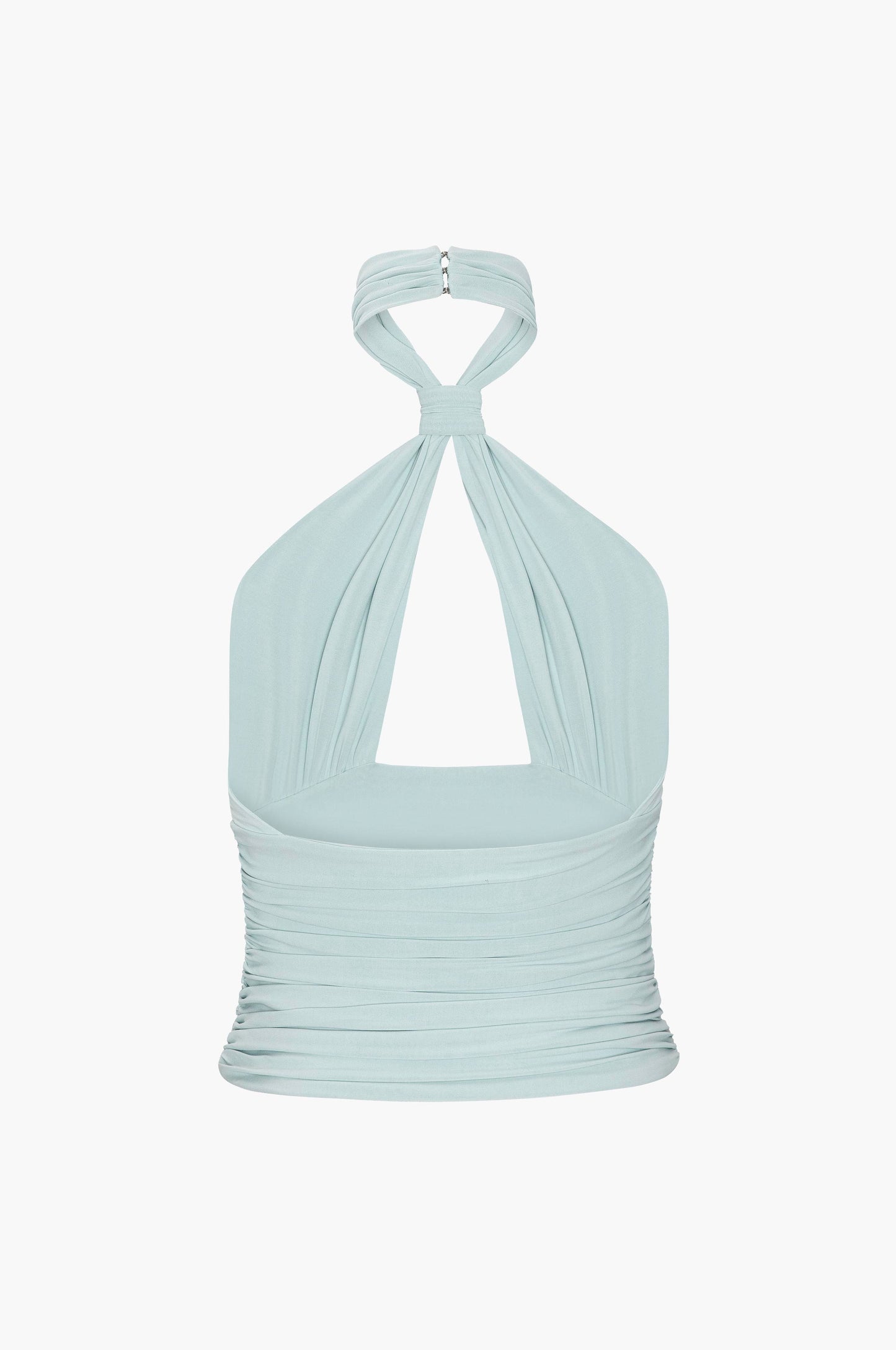 Back of an ice blue halter top on a white background