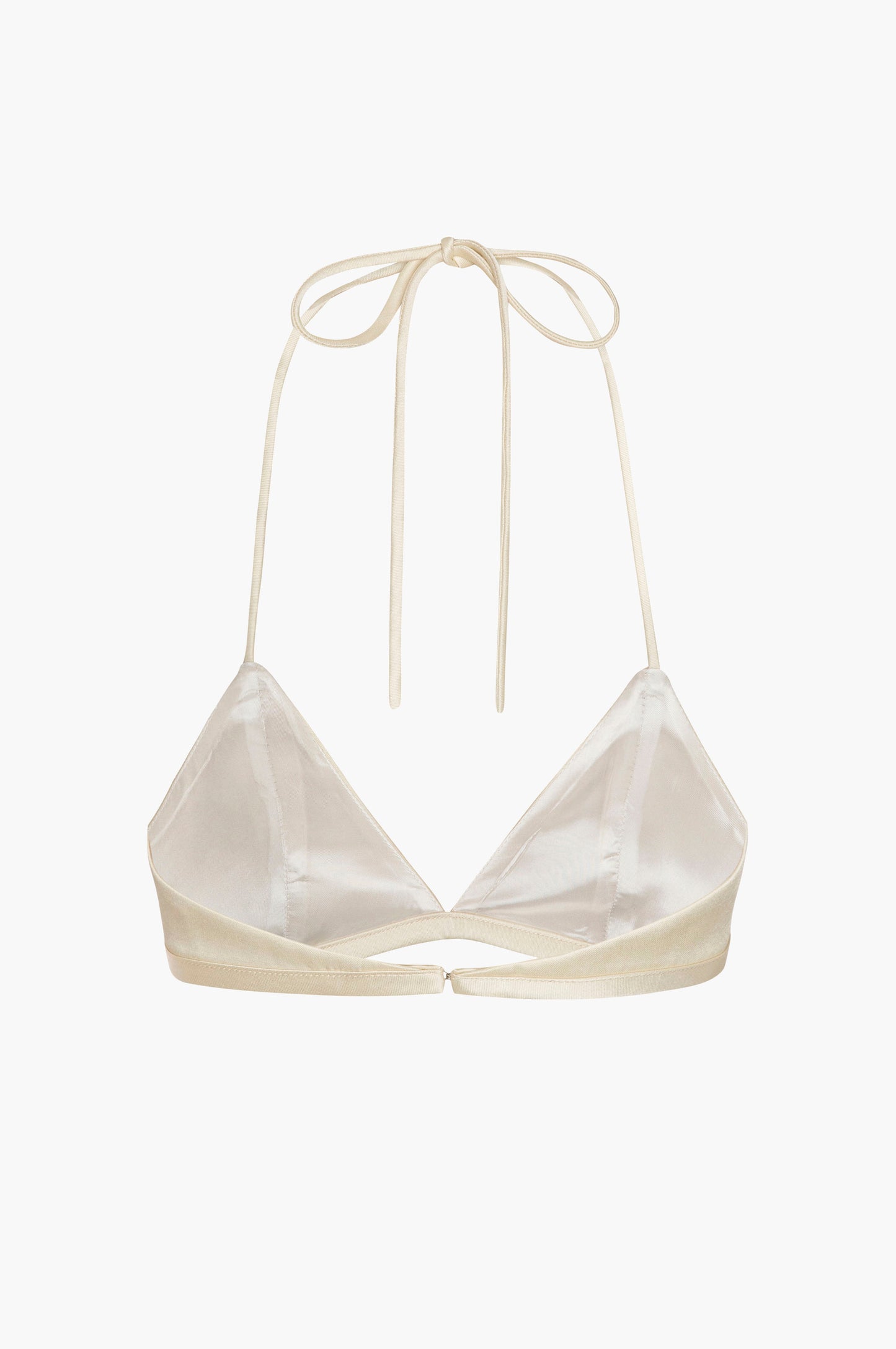 Custard satin bra top with a spaghetti strap halter tie on a white background