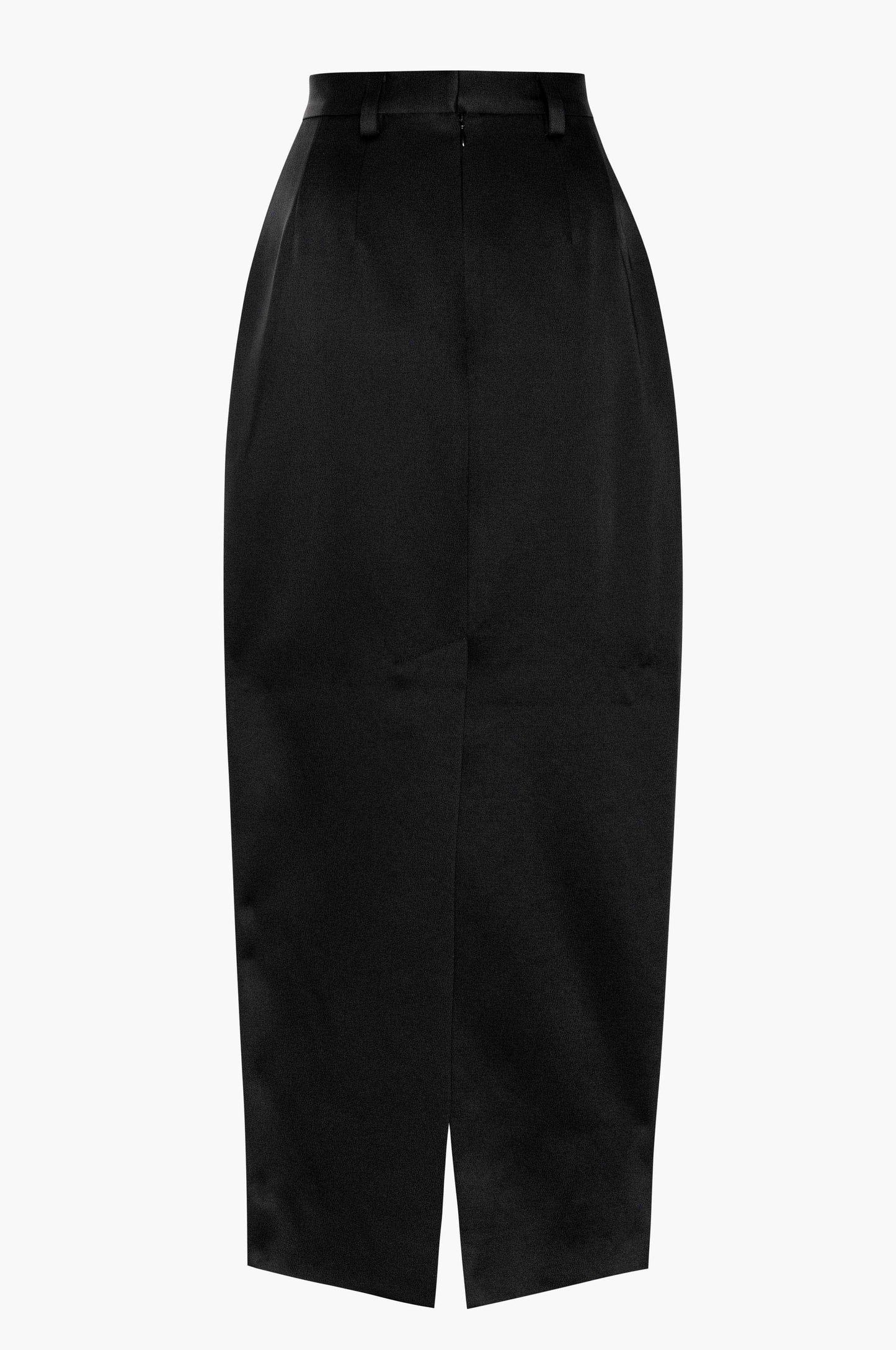 Back of a black satin skirt with a slit on a white background