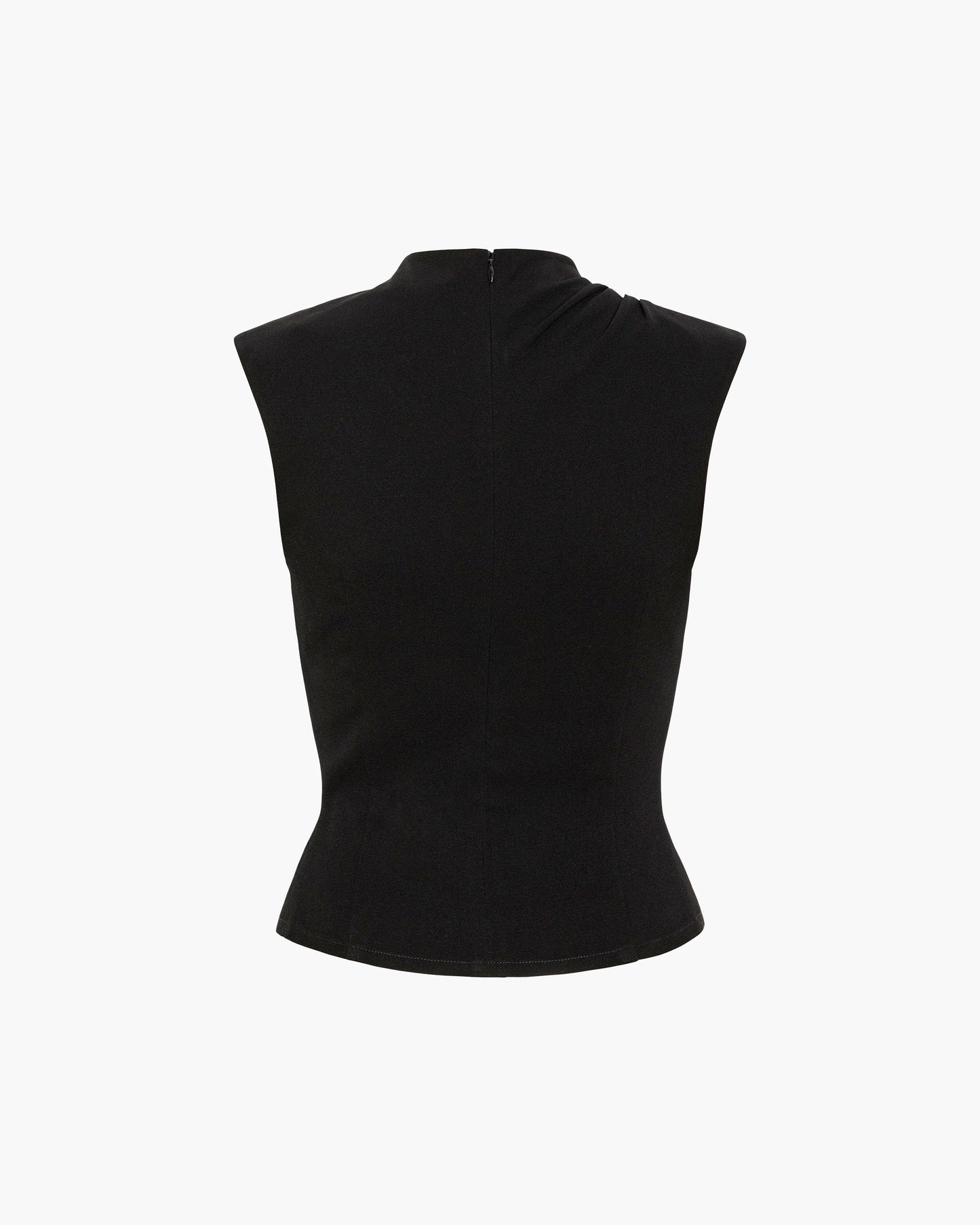 Back view of a black sleeveless top in matte cady with a mock neck and a concealed back zip, shown as a flat product shot