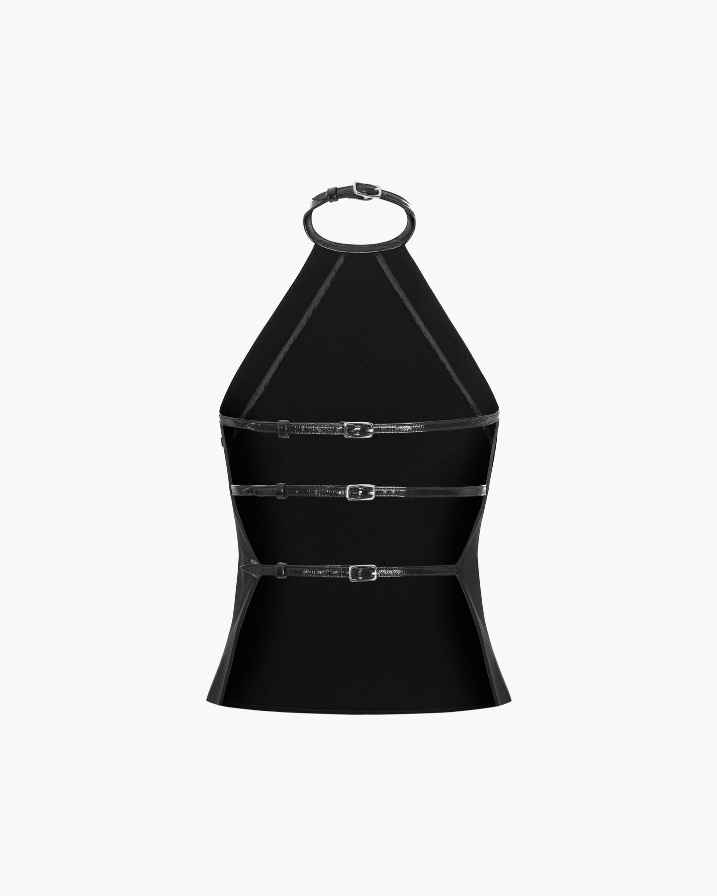Back view of a black halter top with an open back crossed by three horizontal buckled leather straps, shown as a flat product shot