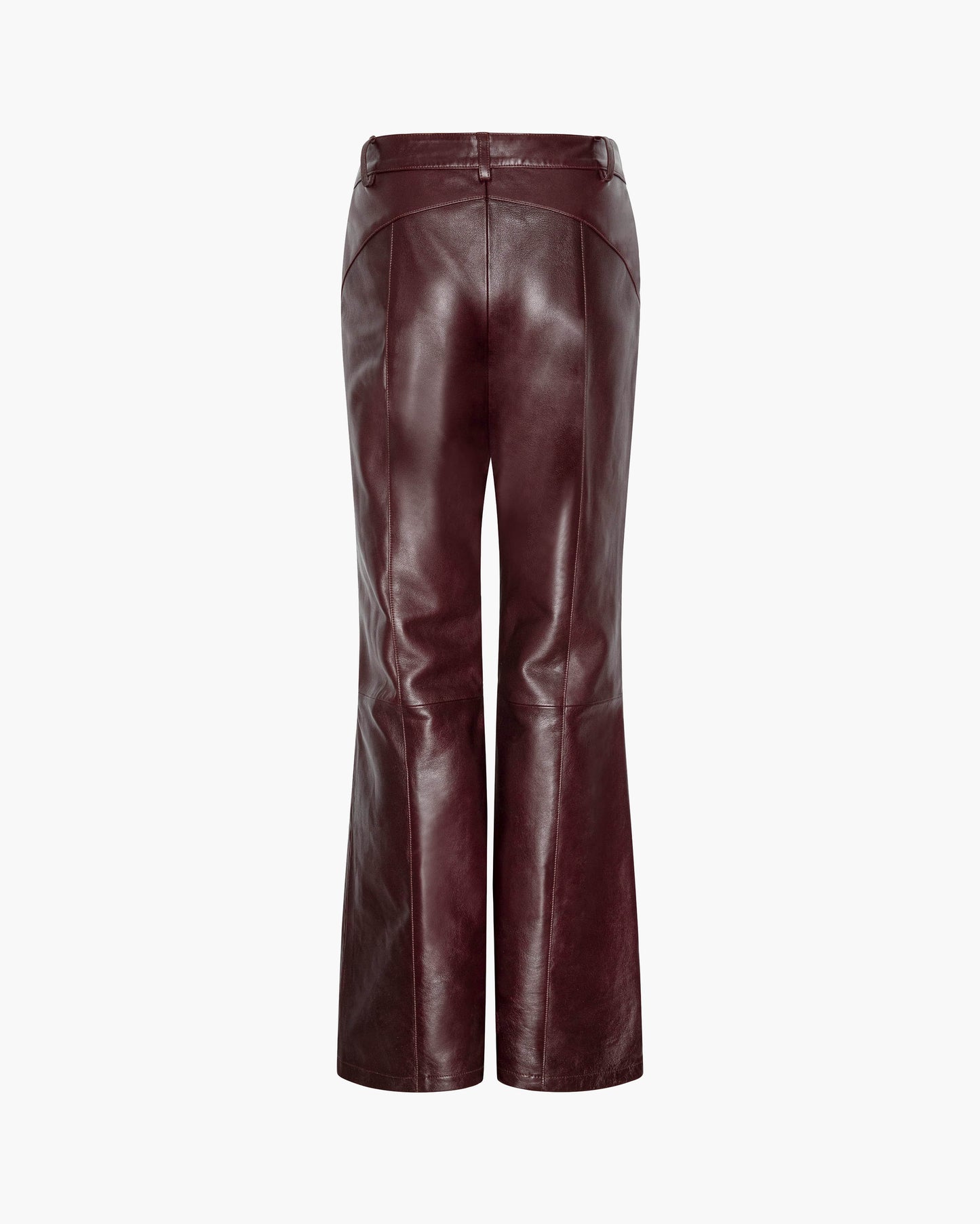 Back view of burgundy leather flared trousers with curved yokes and decorative topstitched seams, shown as a flat product shot