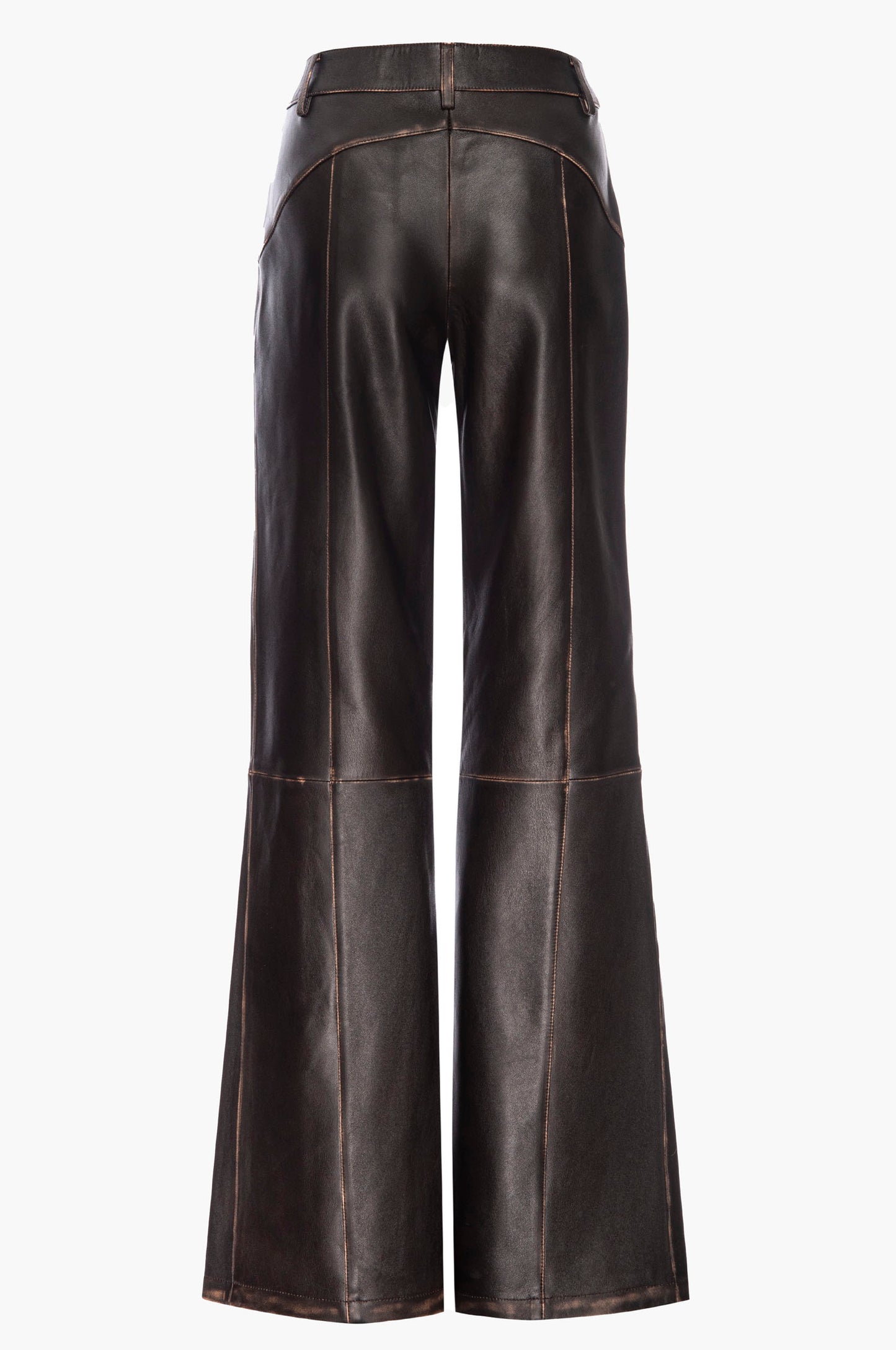 Dark brown leather pants on a white background