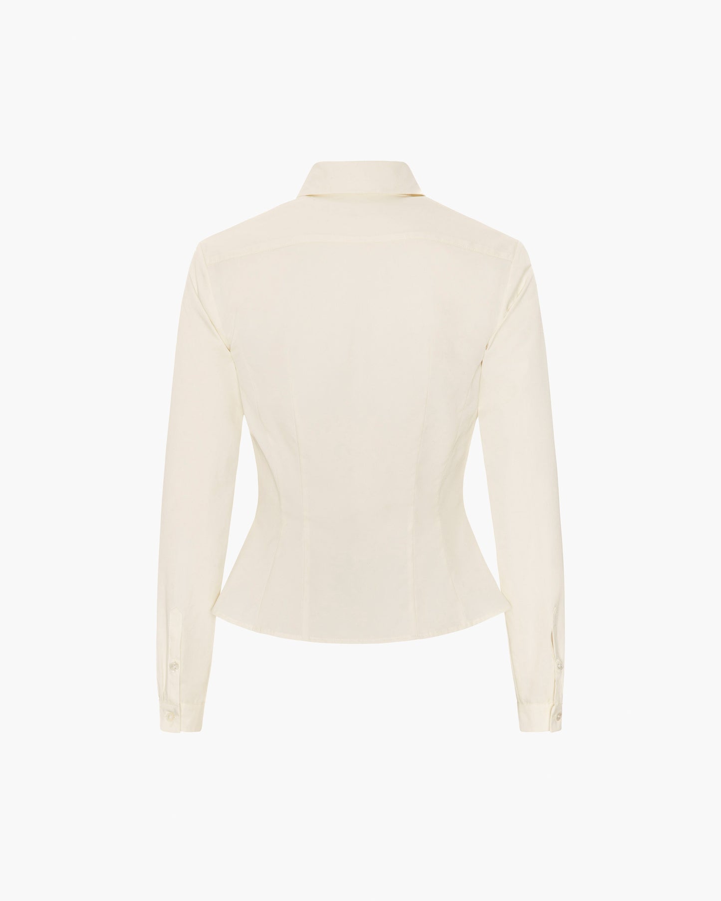 A cream-colored long-sleeve blouse shown from the back, featuring a structured collar and a slightly flared waist, displayed on a clean white background.