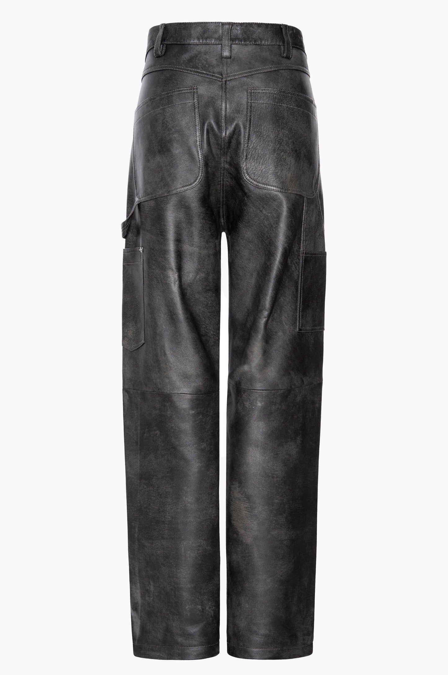 Black leather carpenter pants on a white background