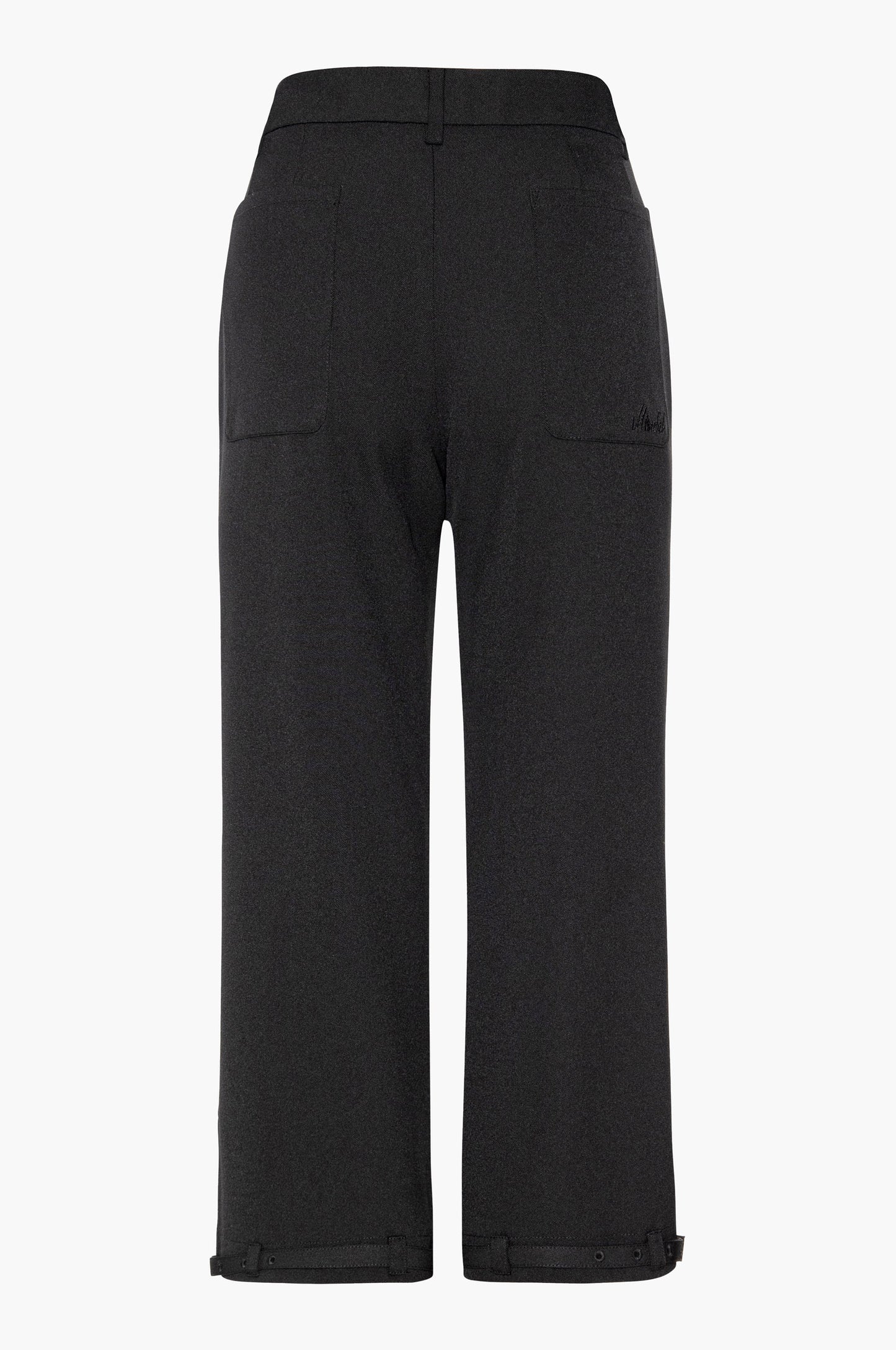 Black capri pants with front and back pockets and adjustable belt detail at the hem on a white background