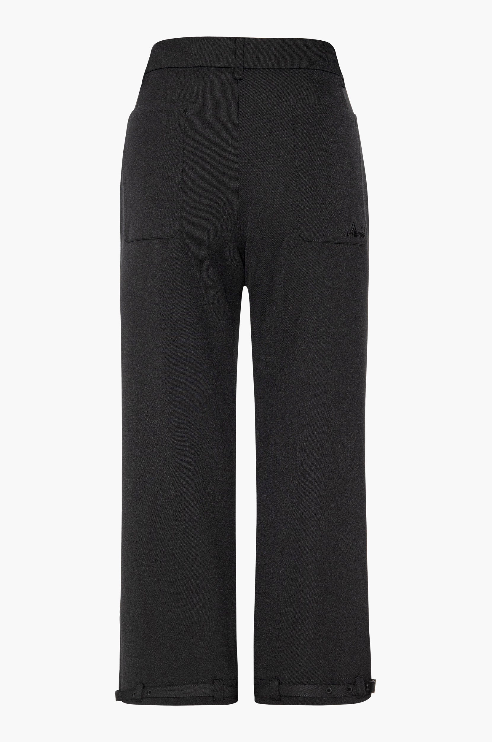 Black capri pants with front and back pockets and adjustable belt detail at the hem on a white background