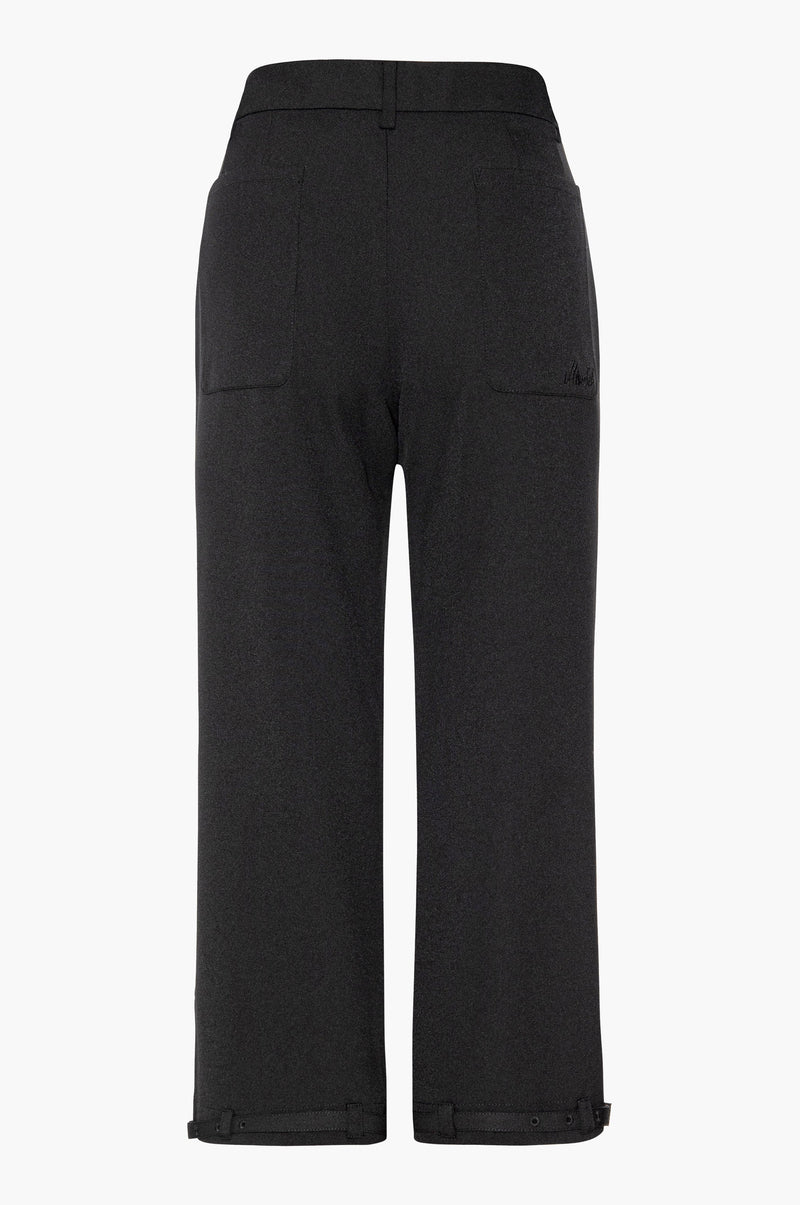 Black capri pants with front and back pockets and adjustable belt detail at the hem on a white background