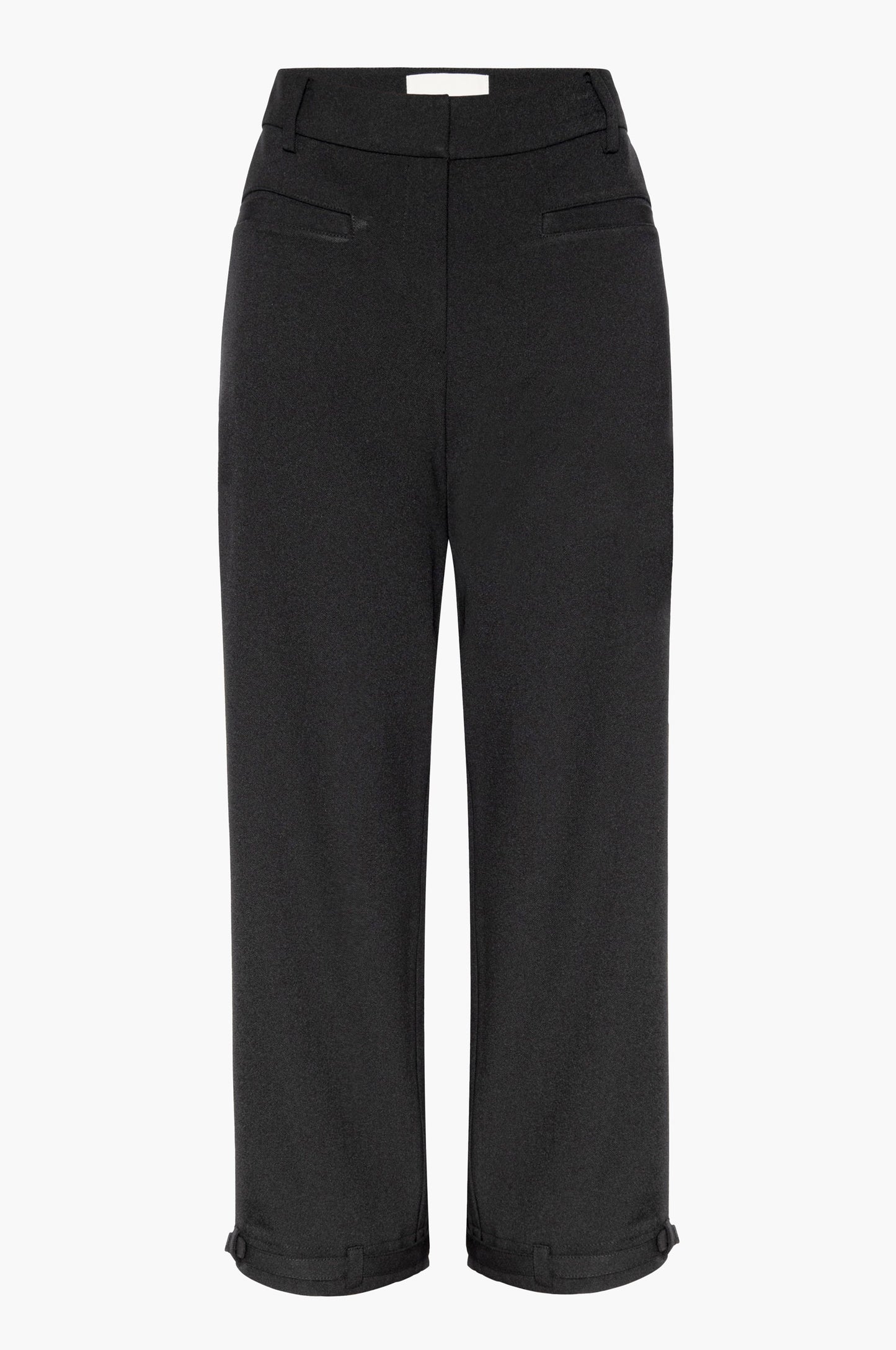 Black capri pants with front and back pockets and adjustable belt detail at the hem on a white background