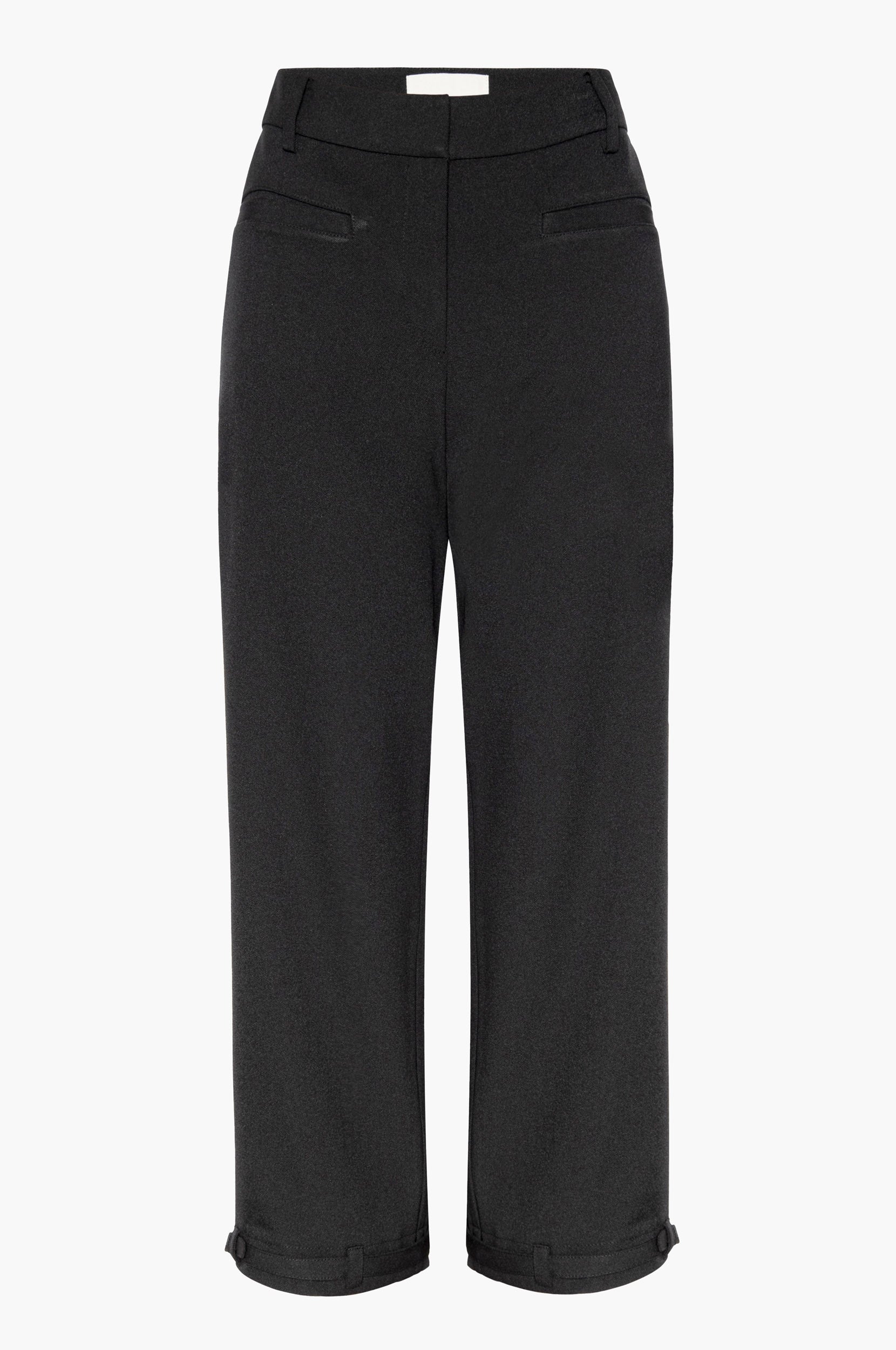 Black capri pants with front and back pockets and adjustable belt detail at the hem on a white background