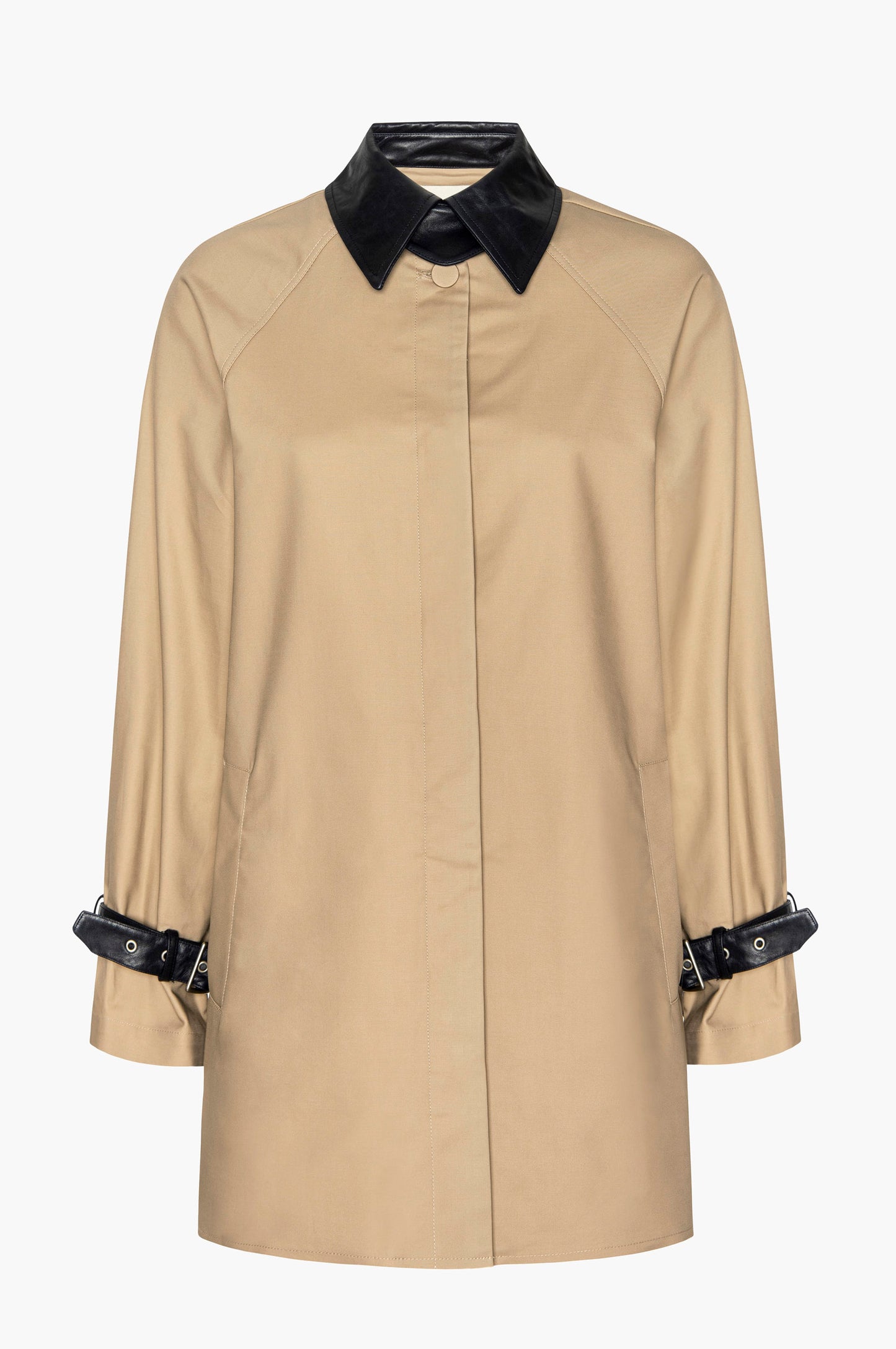 Beige mini trench coat with black leather collar and belted cuff accents on a white background