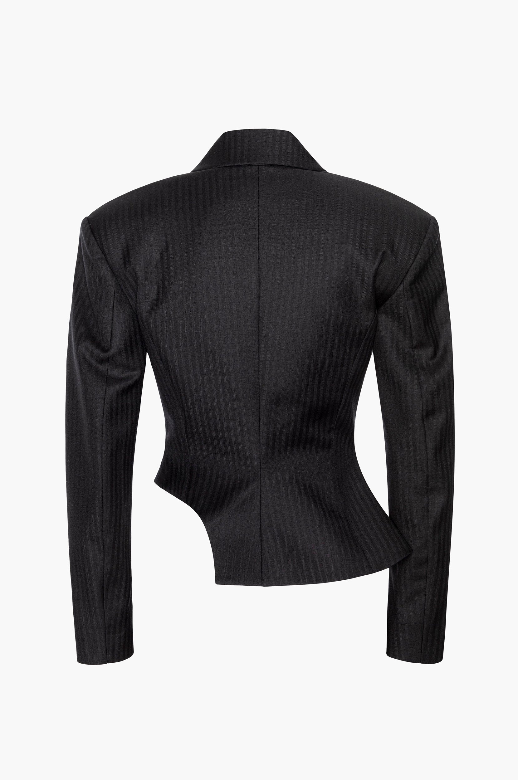 A herringbone wool blazer with a curved hip cutout on a white background