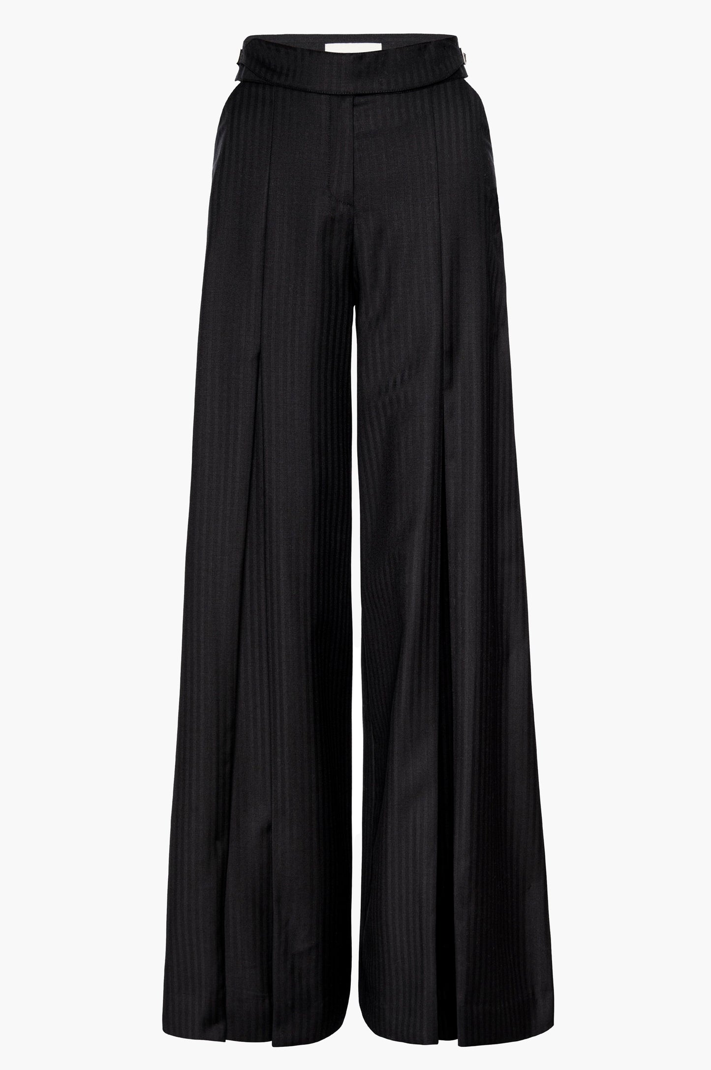 Pleated wide-leg trousers in black with cutouts at the hips and a buckle detail at the waistband on a white background
