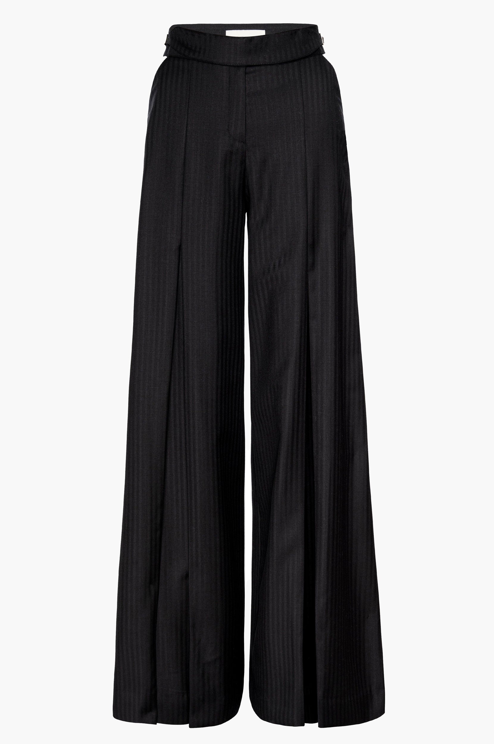 Pleated wide-leg trousers in black with cutouts at the hips and a buckle detail at the waistband on a white background