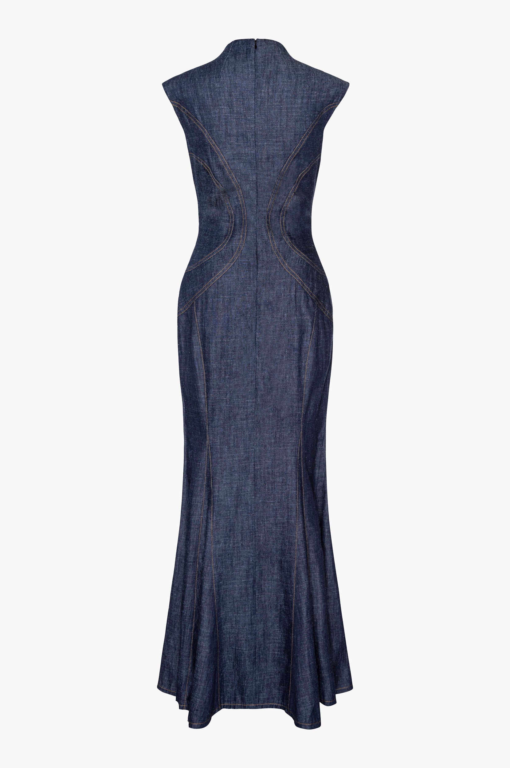 Indigo denim dress with a flared skirt on a white background