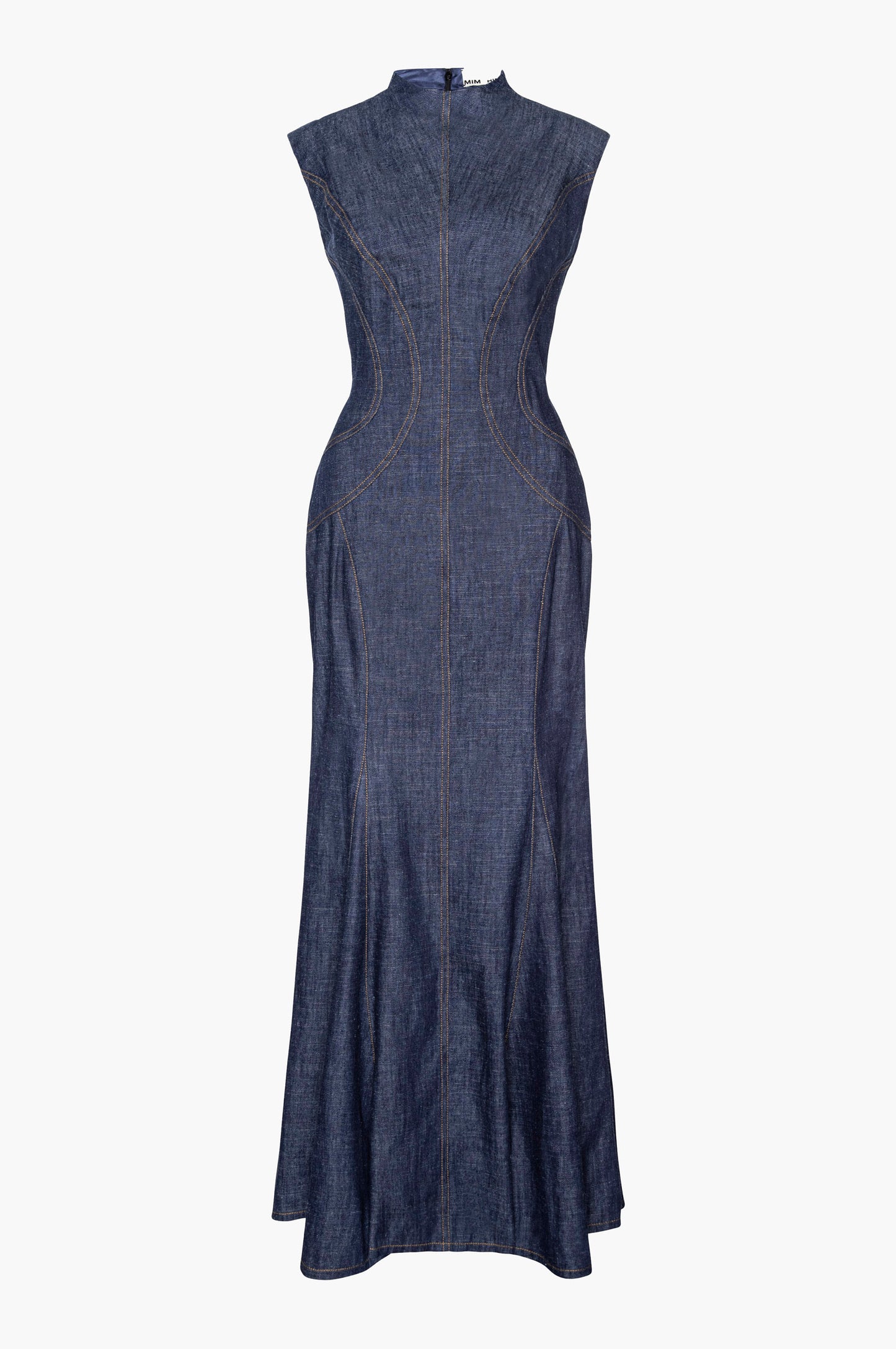 Indigo denim dress with a flared skirt on a white background