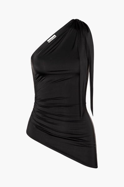 One Shoulder Tie Top – Black Viscose Jersey | MIMCHIK