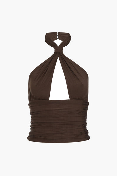 Piper Knotted Halter Top – Chocolate Brown Viscose Jersey | MIMCHIK